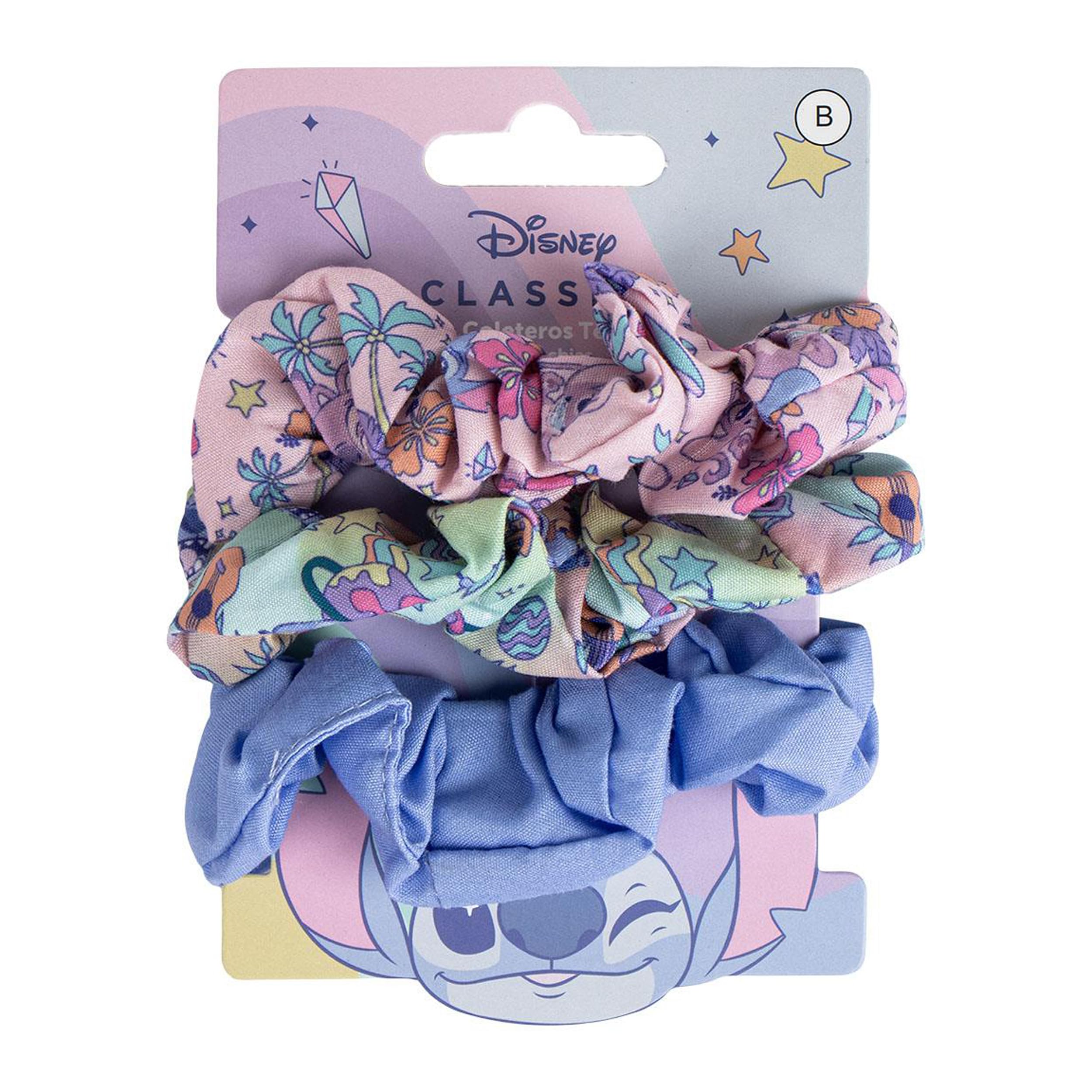 Disney Stitch Hair Scrunchies for Girls and Women, Non-Slip and Soft Ponytail Holder - 3 Scrunchies Set (2 Printed, 1 Solid Colour)