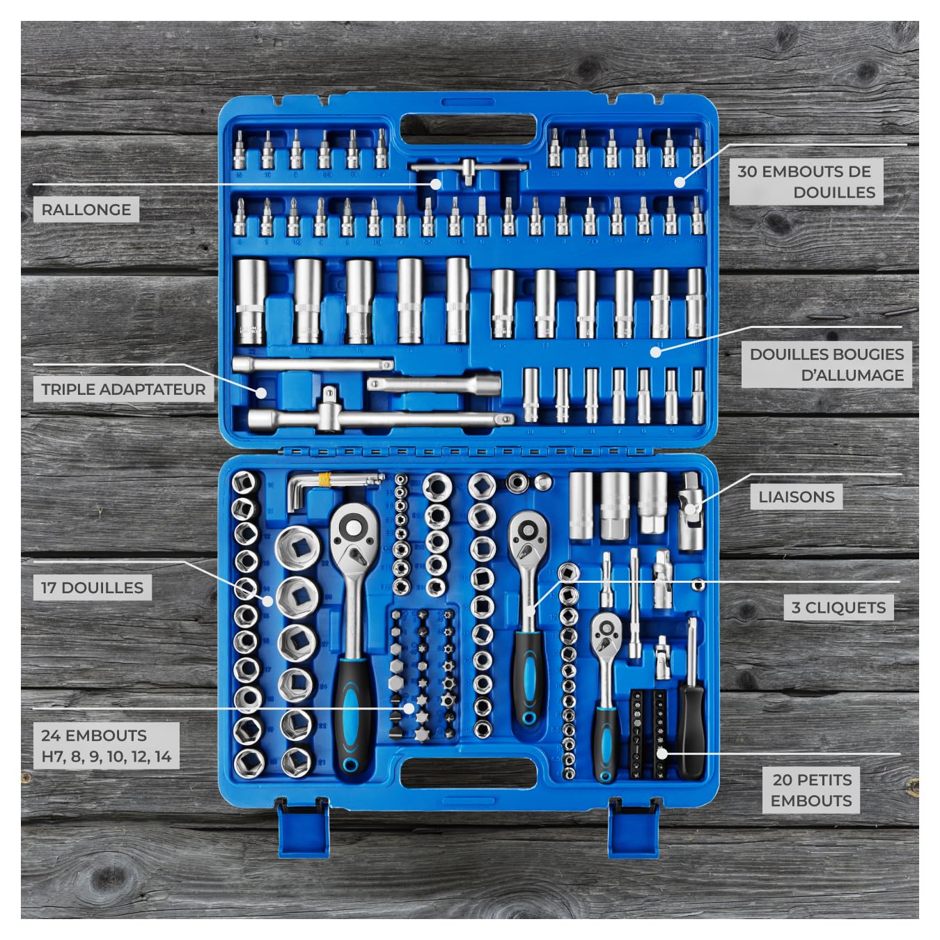 tectake® Coffret douille cliquet, 171 Pièces (Douilles, Clé a douille, Clé à cliquet), Malette outils, Jeux de douilles, Douille torx, Boite à outils, Outillage mecanique auto, Coffret cliquet