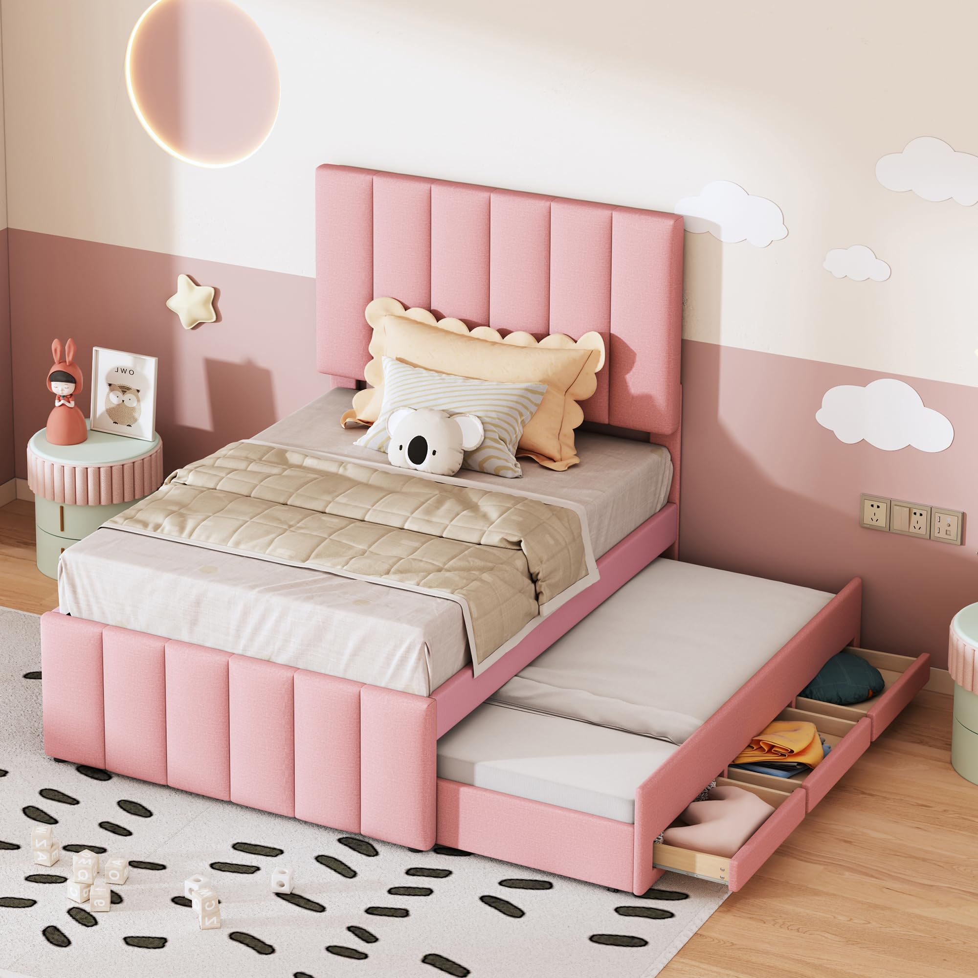 Cama tapizada de 90 x 200 cm con cama plegable y cajones de almacenamiento, acolchado de lino respetuoso con la piel, cama individual, cama infantil, cama juvenil, cama de invitados (rosa)