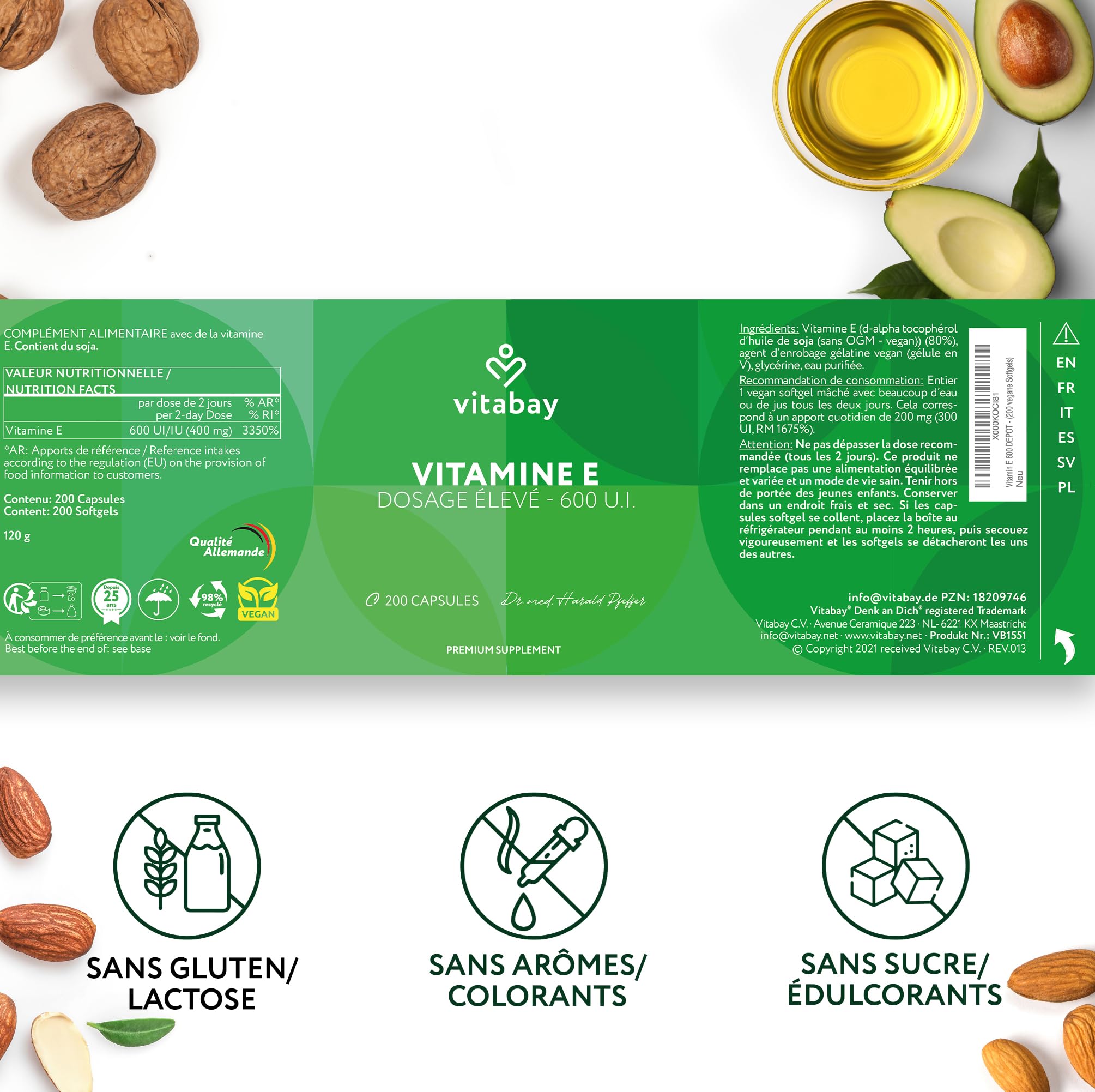Vitabay Vitamine E 600 IE Depot - 200 softgels végétaliens - D-alpha tocophérol naturel - haut dosage - protection cellulaire contre le stress oxydatif - testé en laboratoire - 12 mois