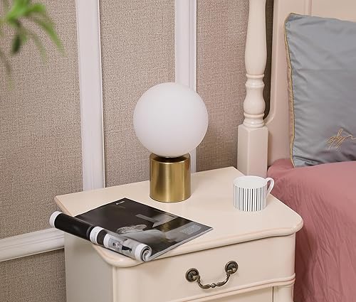 Miniatura 8 de Lámpara de mesa moderna de globo dorado de mediados de siglo, lámpara de mesita de noche redonda con pantalla de vidrio blanco, base de metal,
