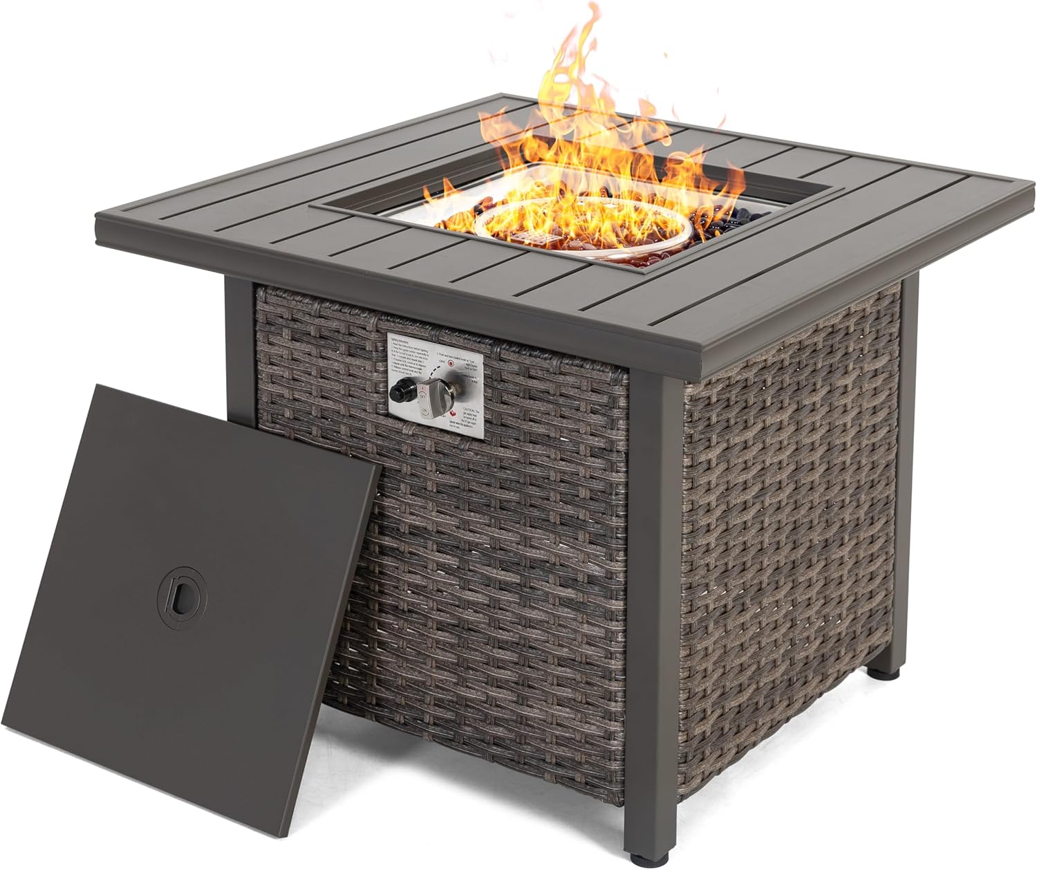 Nuu Garden Outdoor 30" 50,000 BTU Propane Gas Fire Pit Table, Square Gas Fire Pit Table with Glass Beads and Lid, Hand-Woven Wicker, CSA Certification, for Garden, Patio, Brown