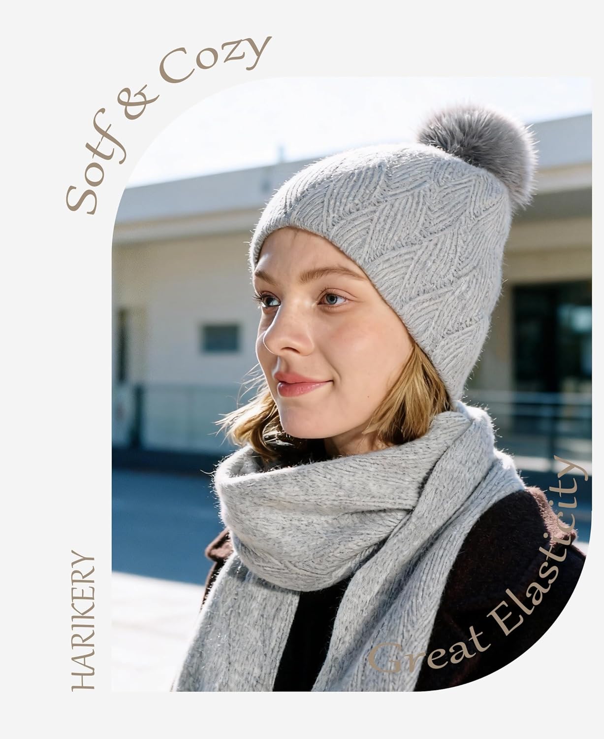 Knit Hat Scarf Set with Detachable Pom Pom, Wool Blend Winter Beanie & Long Scarf, Cold Weather Accessories for Women - Image 5