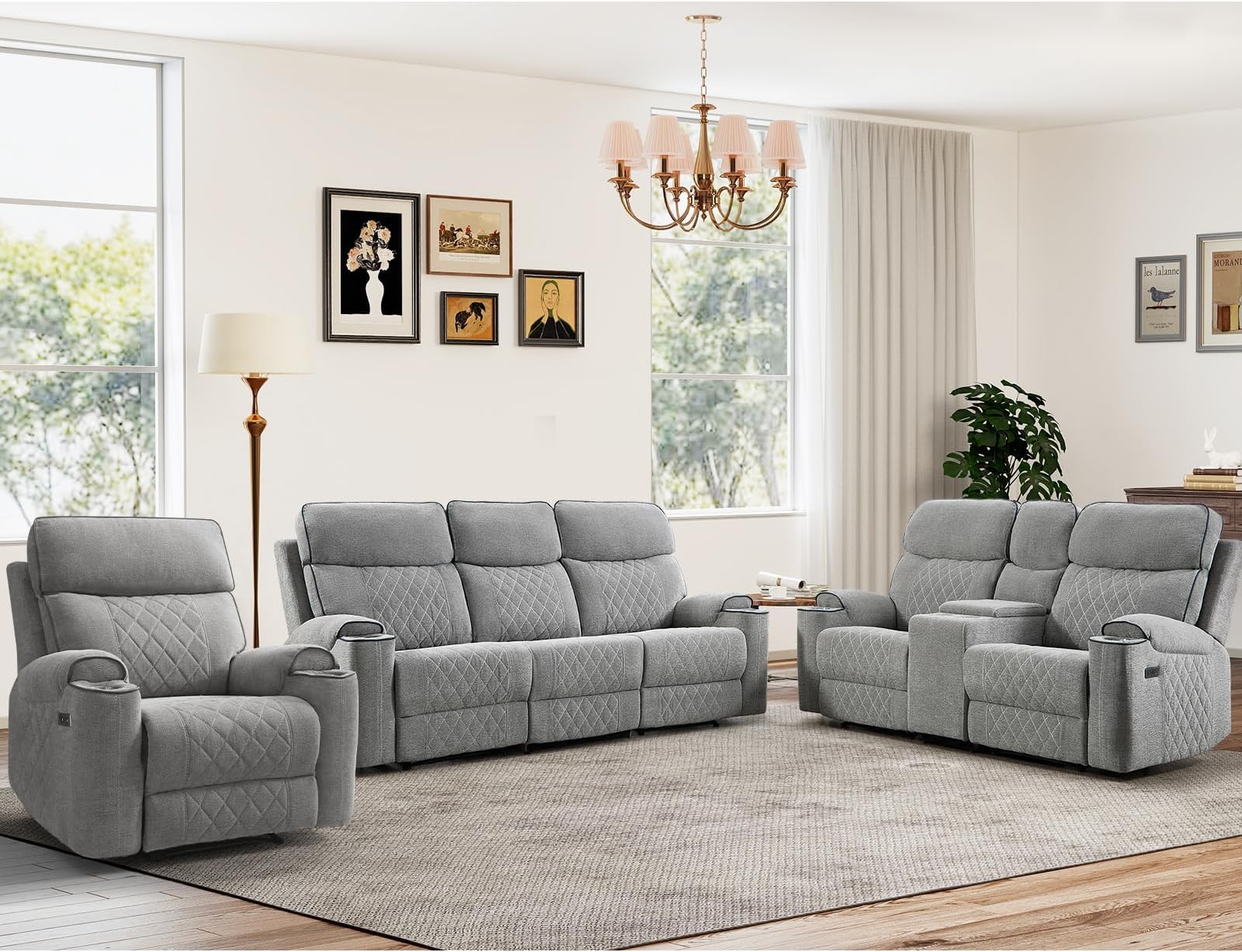 3-Piece Power Recliner Sofa Set with Charging Port, Include Single Recliner Chair, 2-Seater Loveseat Reclining Couch and 3-Seater Reclining Sofa with Cup Holders for Living Room, Light Grey