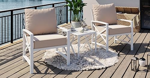 Miniatura 3 de SUNLEI Juego de muebles de patio de 3 piezas, muebles pequeños para exteriores con sofá biplaza de cojín profundo y mesa auxiliar lateral a juego,
