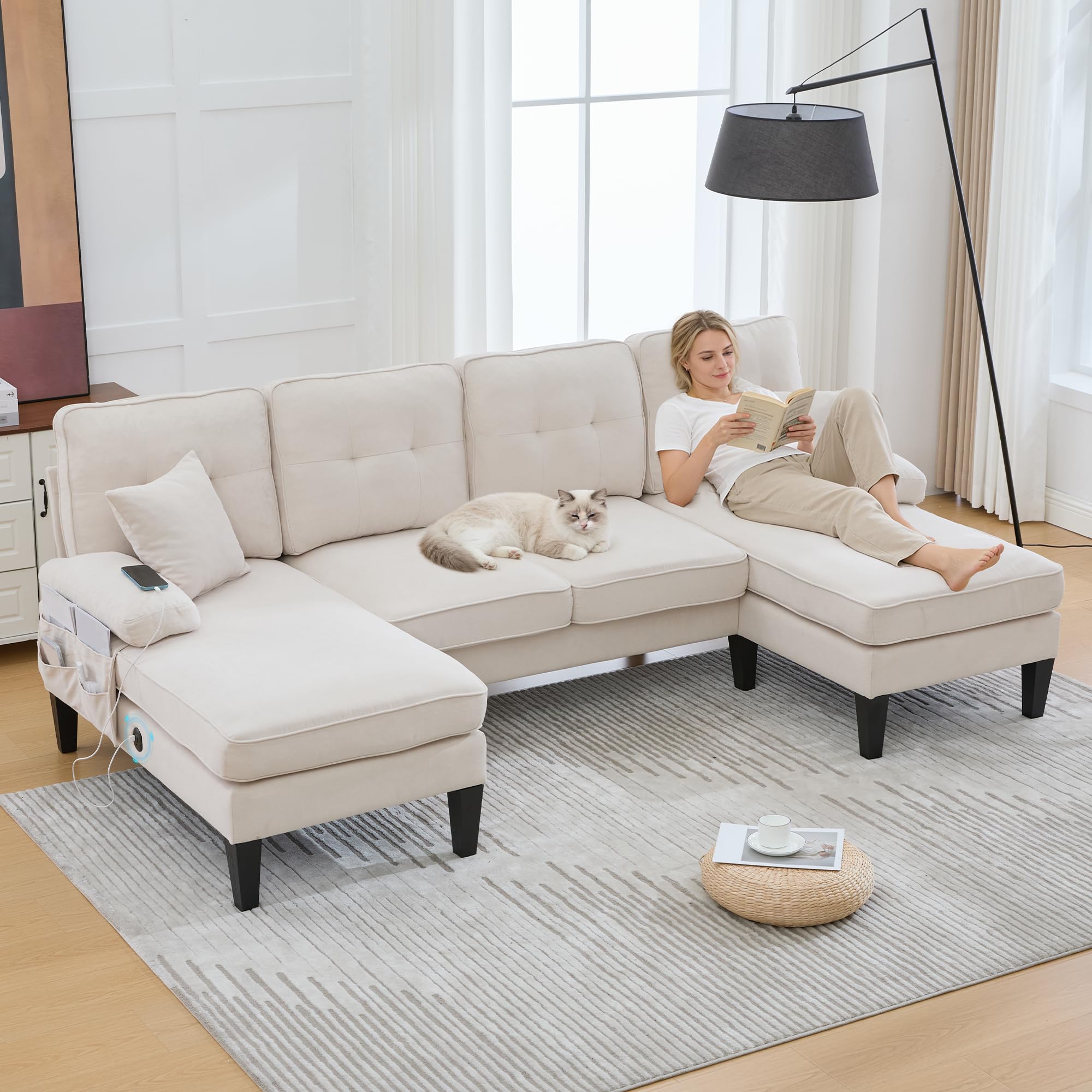 Sofá de 4 plazas en forma de U beige con doble chaise longue y cojines de lino