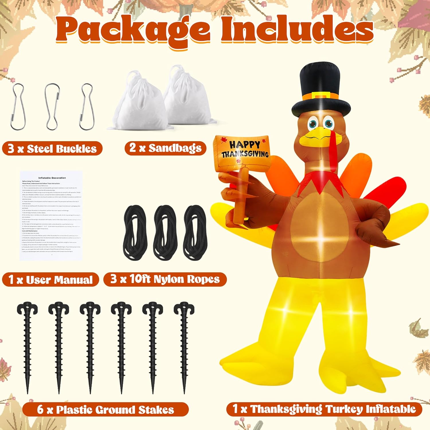 12FT Inflatable Turkey, LED Lighted Turkey Holding Happy Thanksgiving Sign for Fall Autumn Outdoor Yard Lawn Harvest Decor