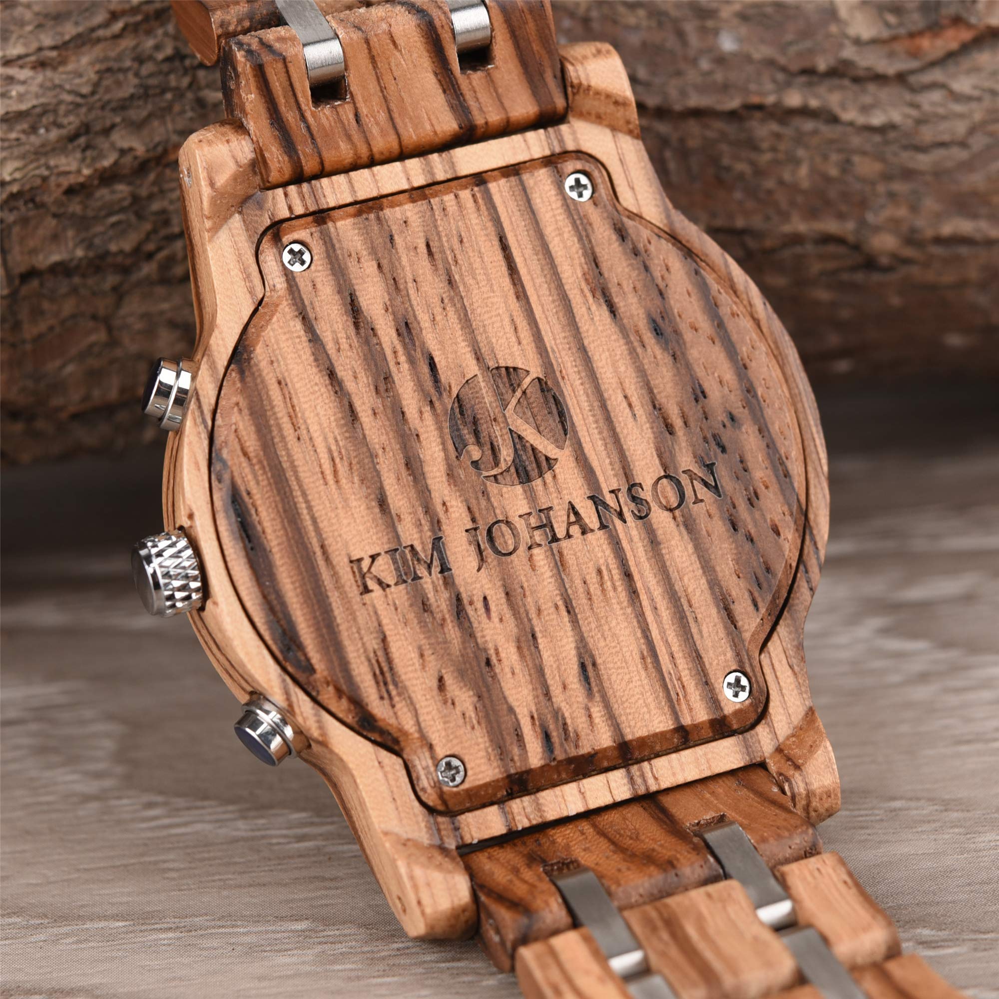 Kim Johanson Herren Holz-Edelstahl Armbanduhr *Air Force* in Hellbraun Chronograph mit Einem Gliederarmband Handgefertigt Quarz Analog Uhr inkl. Geschenkbox