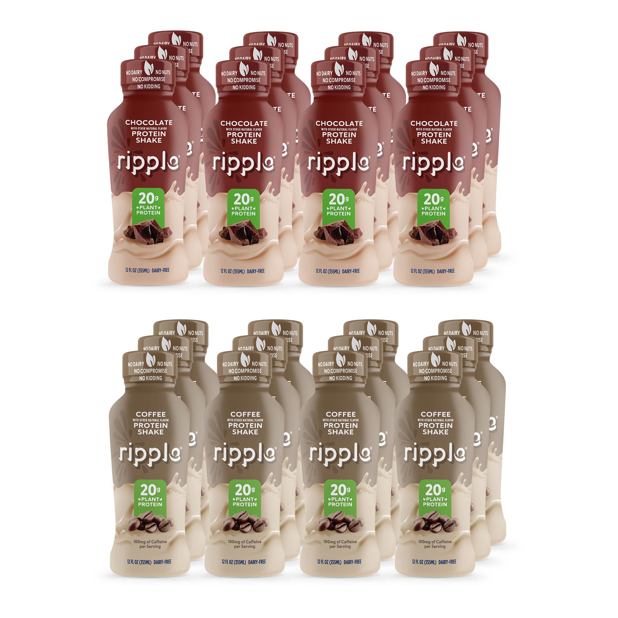 Ripple Bebida proteica vegana de proteína de ervilha 20 g, chocolate e café, 24 unidades de 355 mL