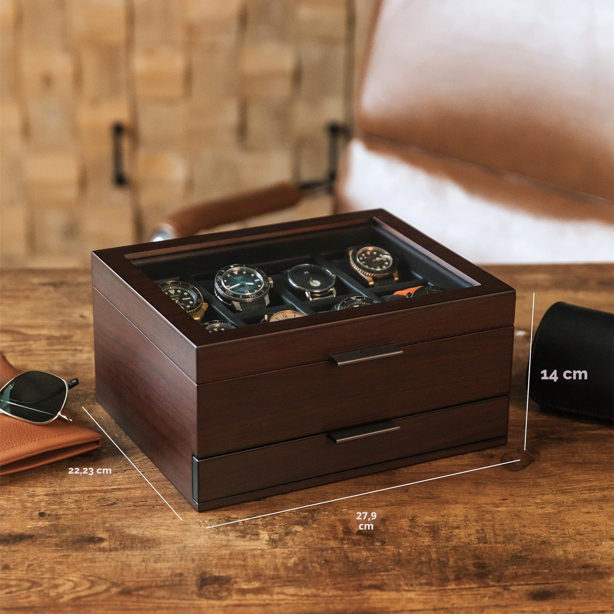 CASE ELEGANCE Caja organizadora de reloj con 8 ranuras para hombres, acabado de madera de cerezo y nogal, caja de exhibición de reloj, bandeja de valet modular, marrón | Caja de reloj, construcción de madera, bandeja modular para valet