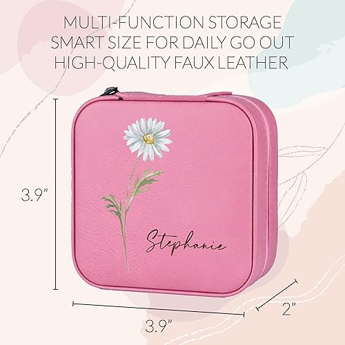 Miniatura 3 de Joyero de cuero personalizado con mes y nombre de flores de nacimiento coloridas, color blanco, estuche de viaje de joyería personalizado para