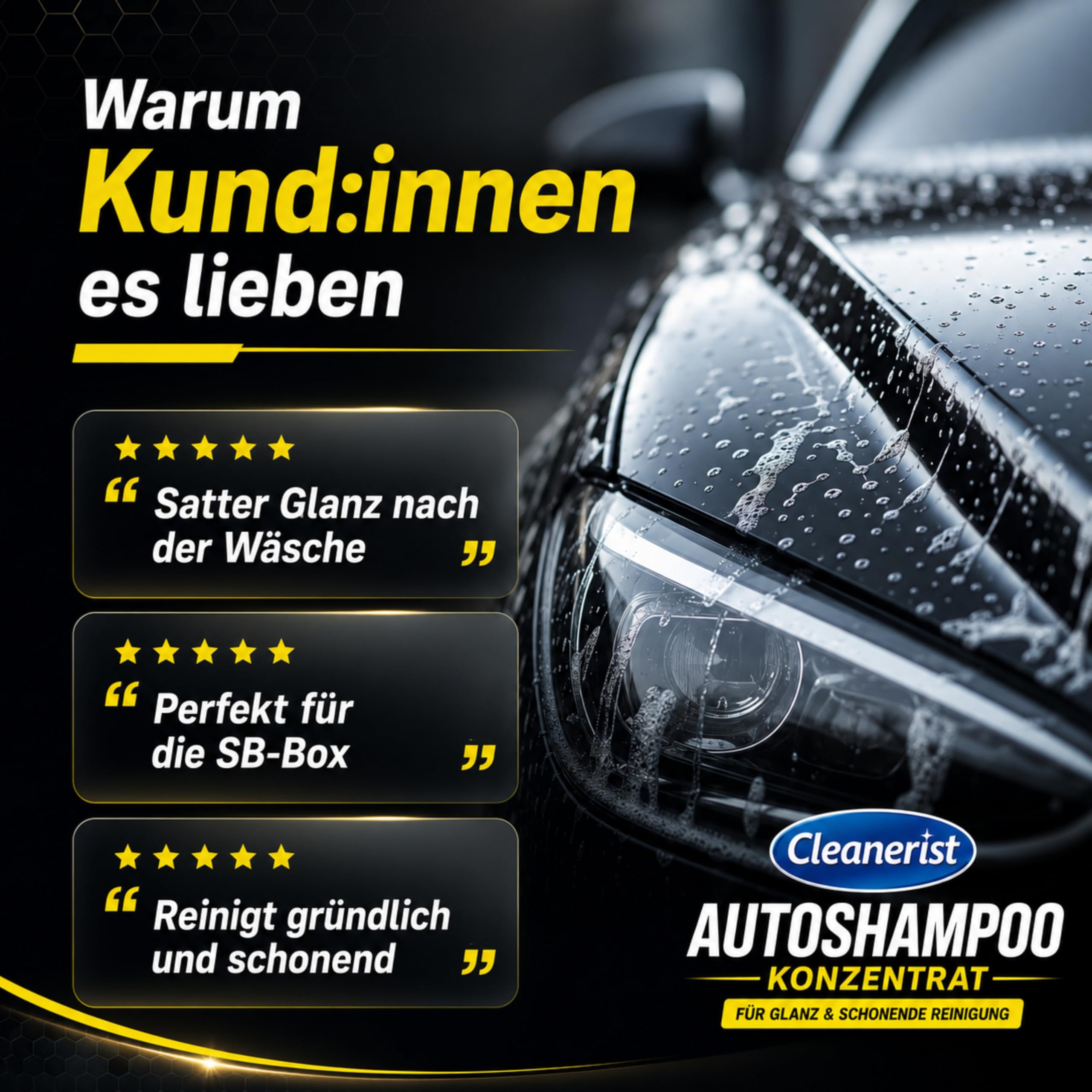 Cleanerist | 5L Autoshampoo Konzentrat für Glanz, manuelle Autowäsche & SB-Waschbox, pH-hautneutraler Autoreiniger für Lack, Hochdruckreiniger, PKW & LKW, gelbes Shampoo