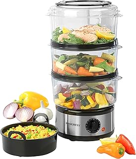 Progress EK2726ZP Go Healthy Electric 3 Tier Steamer and Rice Bowl, 60 Minute Timer, 7.5 Litre Capacity, Power and Ready Indicator Lights, Dishwasher Safe Tiers, Compact Easy to Store Design, 500 W