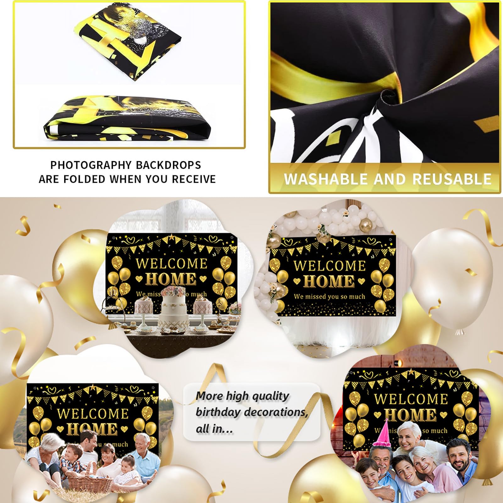 Welcome Home Deko Banner – 72 X 43 Zoll, Schwarz-Gold, Für Baby, Familienparty, Fotohintergrund