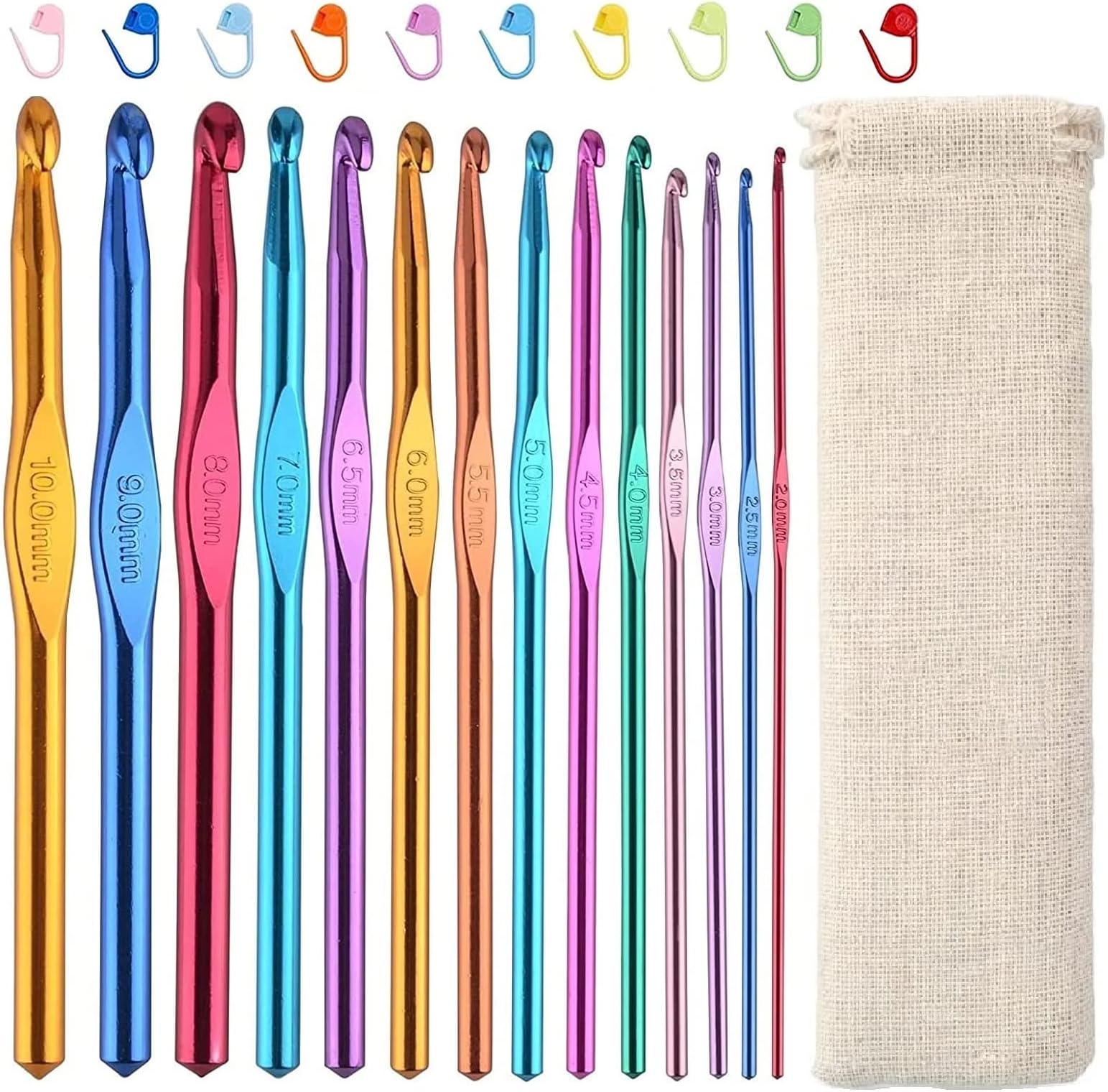 JOZEA Crochet Hooks Set, 14PCS Aluminum Crochet Hook, 2.0mm-10.0mm Crochet Hooks with 10 Piece Knit Marker, with Storage Bag