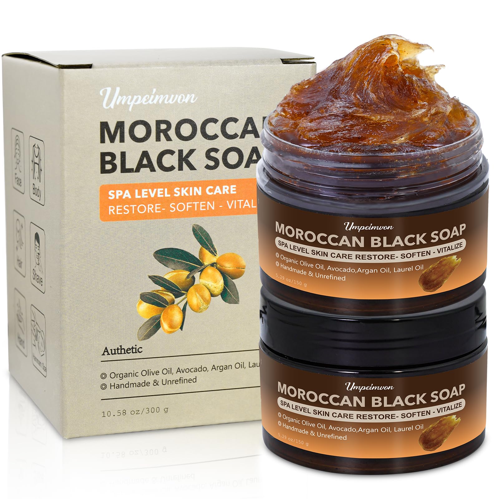 2 PCS Unrefined Moroccan Black Soap Handcrafted, Argan Oil Authetic Black Beldi Soap SPA Level Highly Moisturize, Purify and Soften Skin, with Laurel