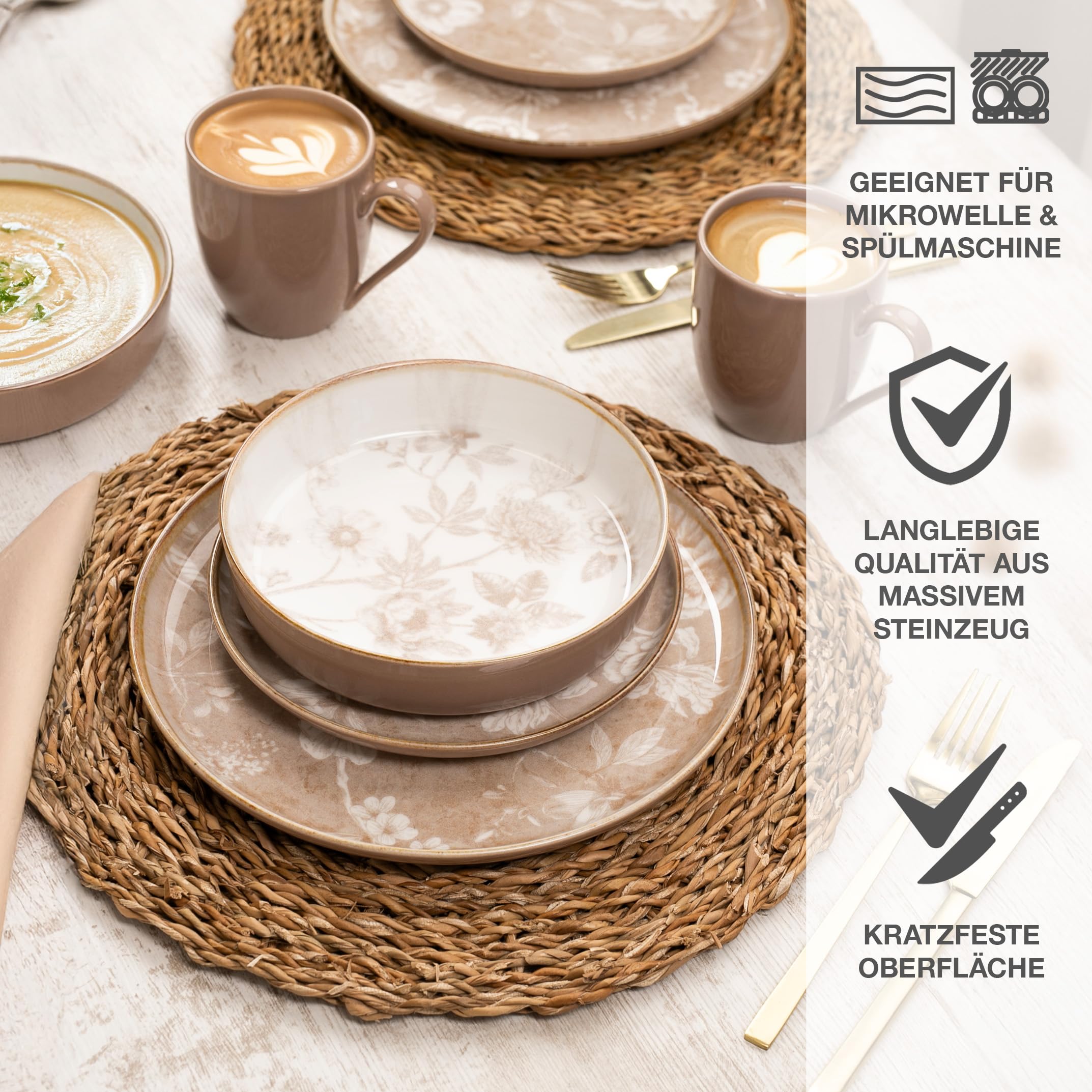 Moritz & Moritz MARIELLA Steingut Geschirrset 6 Personen 24-tlg. - Modernes Tafelservice in Beige mit verspieltem Design, Pflegeleichtes Kaffeeservice mit Teller Set, Schüsseln & Tassen - Kombiservice