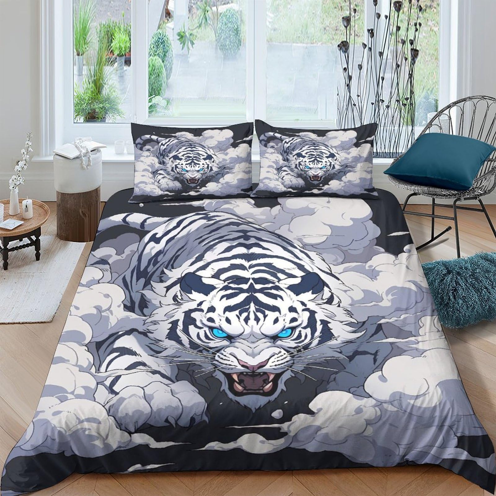 GPLZQXKJNH 3D Printed White Tiger Duvet Cover Microfiber Soft Breathable Cloud Pattern Bedding Set with 2 Pillowcases for Bedroom Decor, King Size Single（135x200cm）