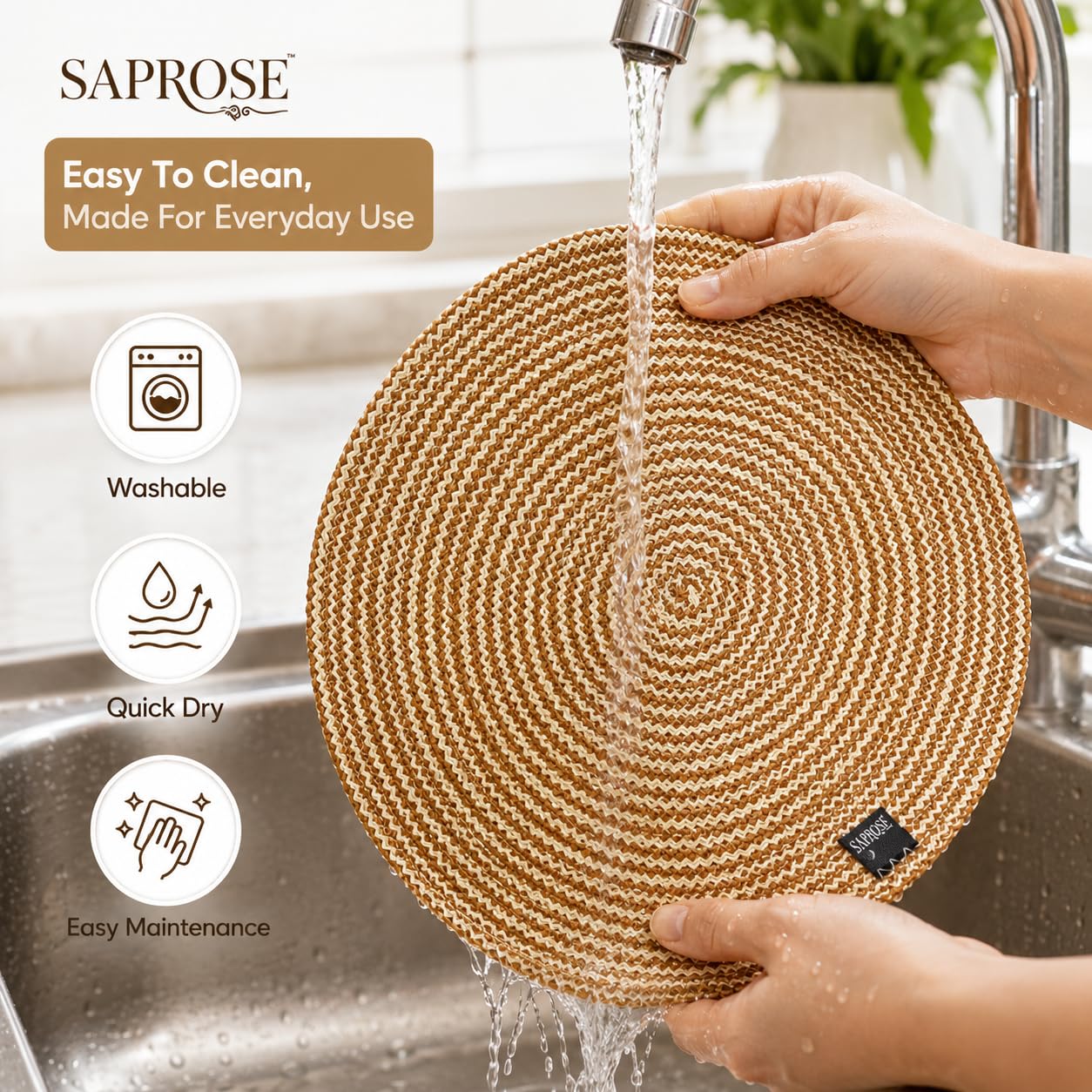 SAPROSE® Polypropylene Multipurpose Braided Round Table Mat (1 PC Pack, 40 cm), Dinning Place mats, Side Table Mat, Doilies, Machine Washable Large Mat for Dining Table (15.5" Dia., Beige-Jute) 4
