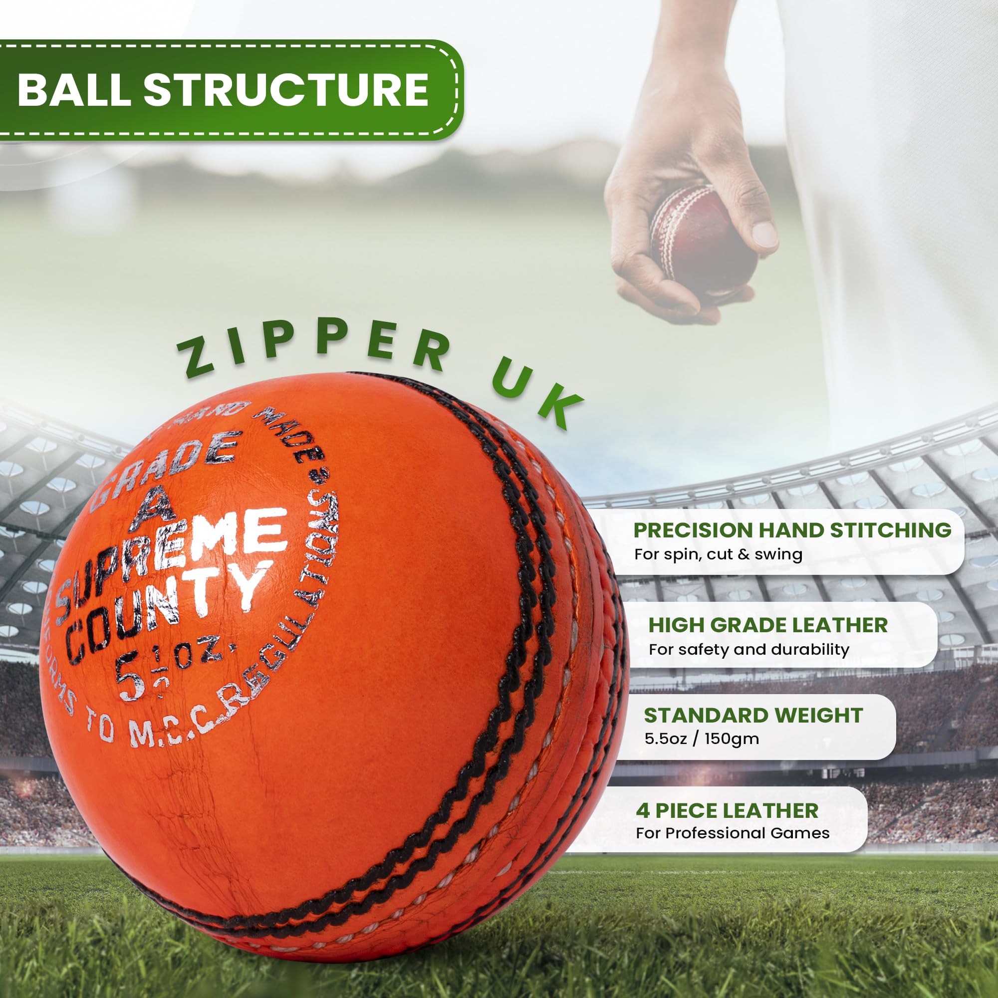 Zipper Leather Cricket Ball Senior Match Quality Hand Stitched Balls 5.50oz Weight…