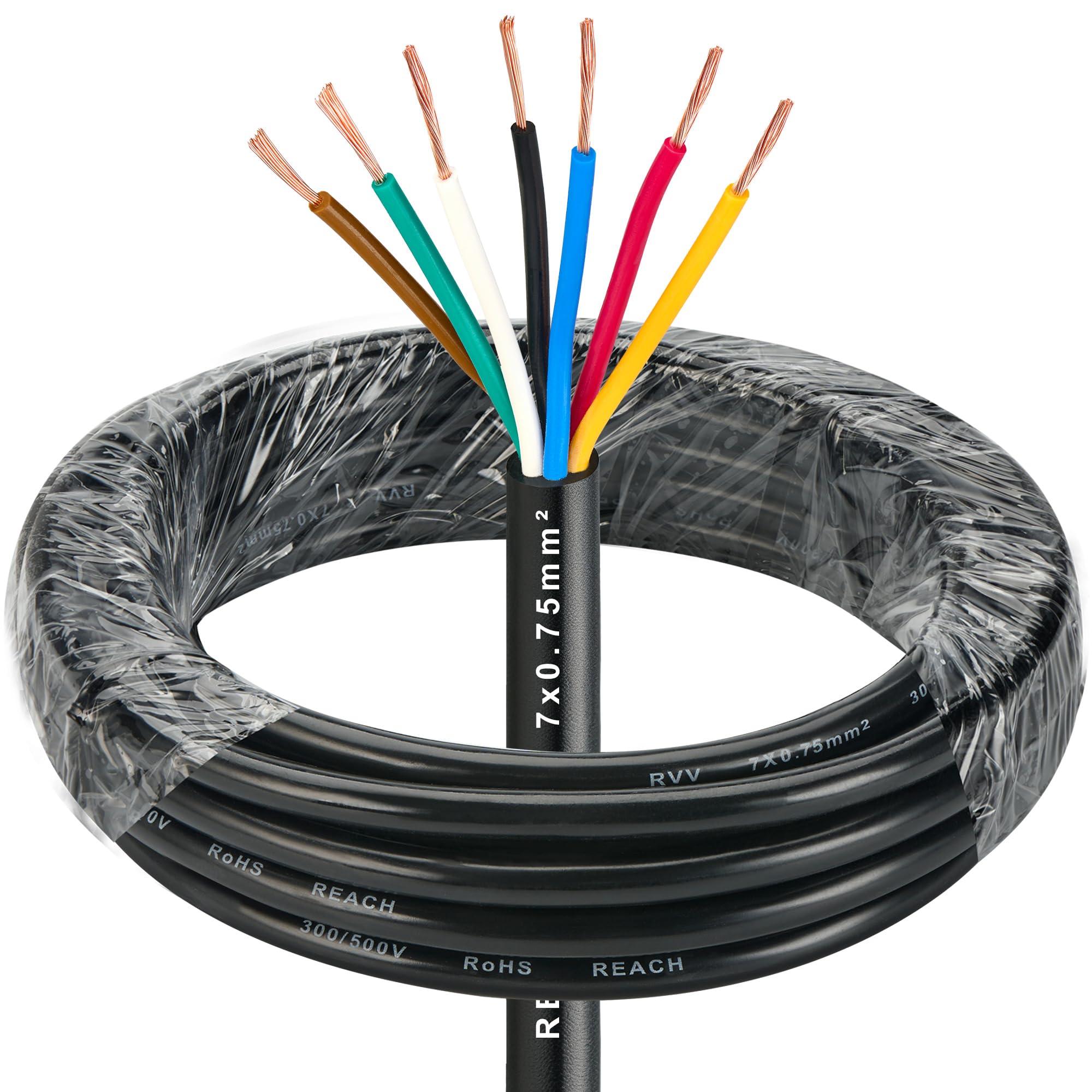 7 Adriges Anhängerkabel 20M, Wohnwagen Elektrische Kabel für Caravan Camping 0,75mm², LED-rücklichter Verkabelung Kabel 7 polig, 12V 24V Elektrokabel FLRYY RoHs Reach Zulassung