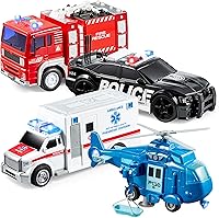 JOYIN 4-Pack Emergency Vehicle Toys: Friction Powered Fire Truck, Ambulance, Police Car & Helicopter with Lights & Sounds - Toddler Boys Gifts