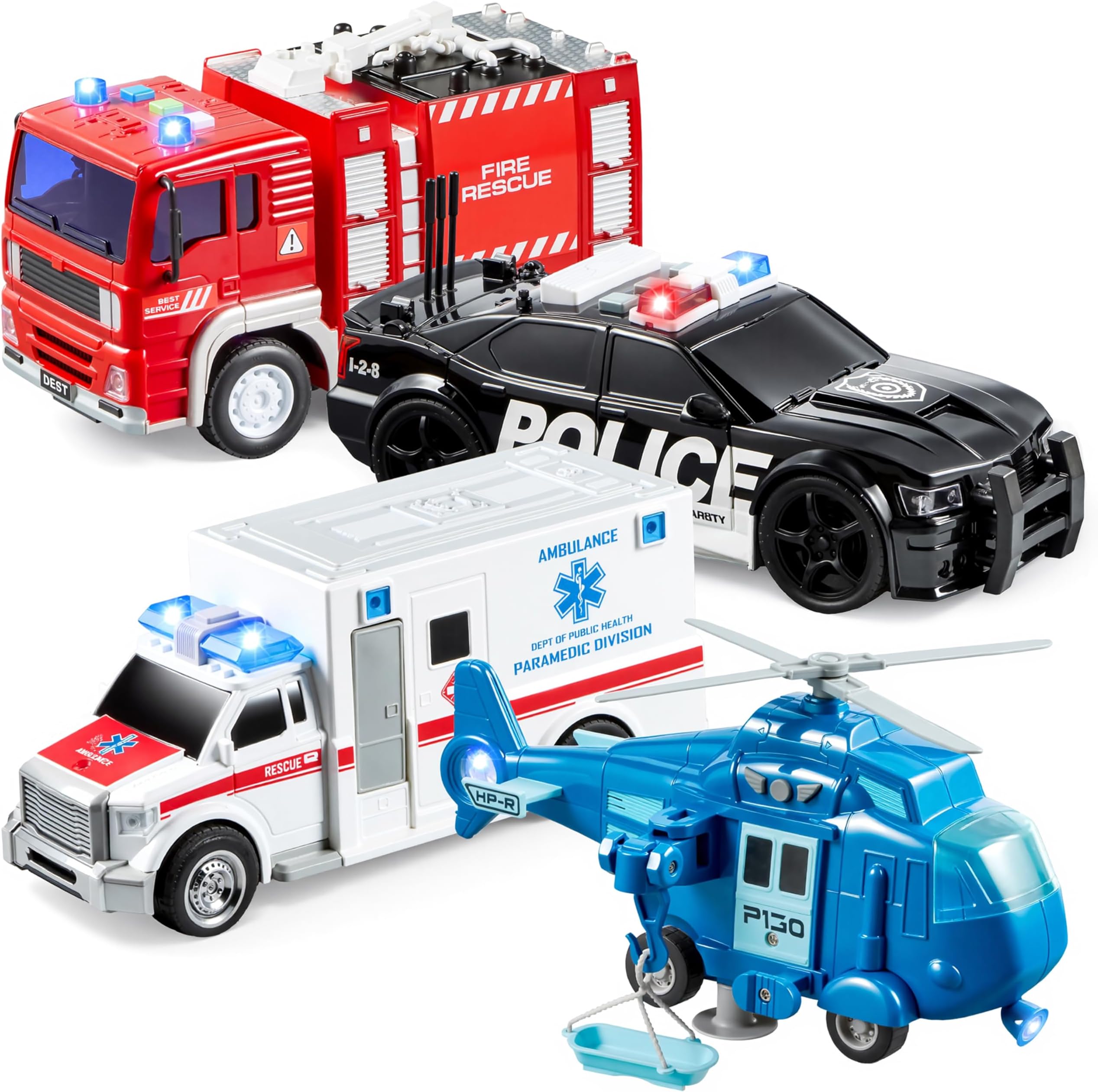 – JOYIN 4 Pack Friction Powered City Hero Play Set Including Fire Engine Truck, Ambulance, Police Car and Helicopter Emergency Vehicles with Light and Sound