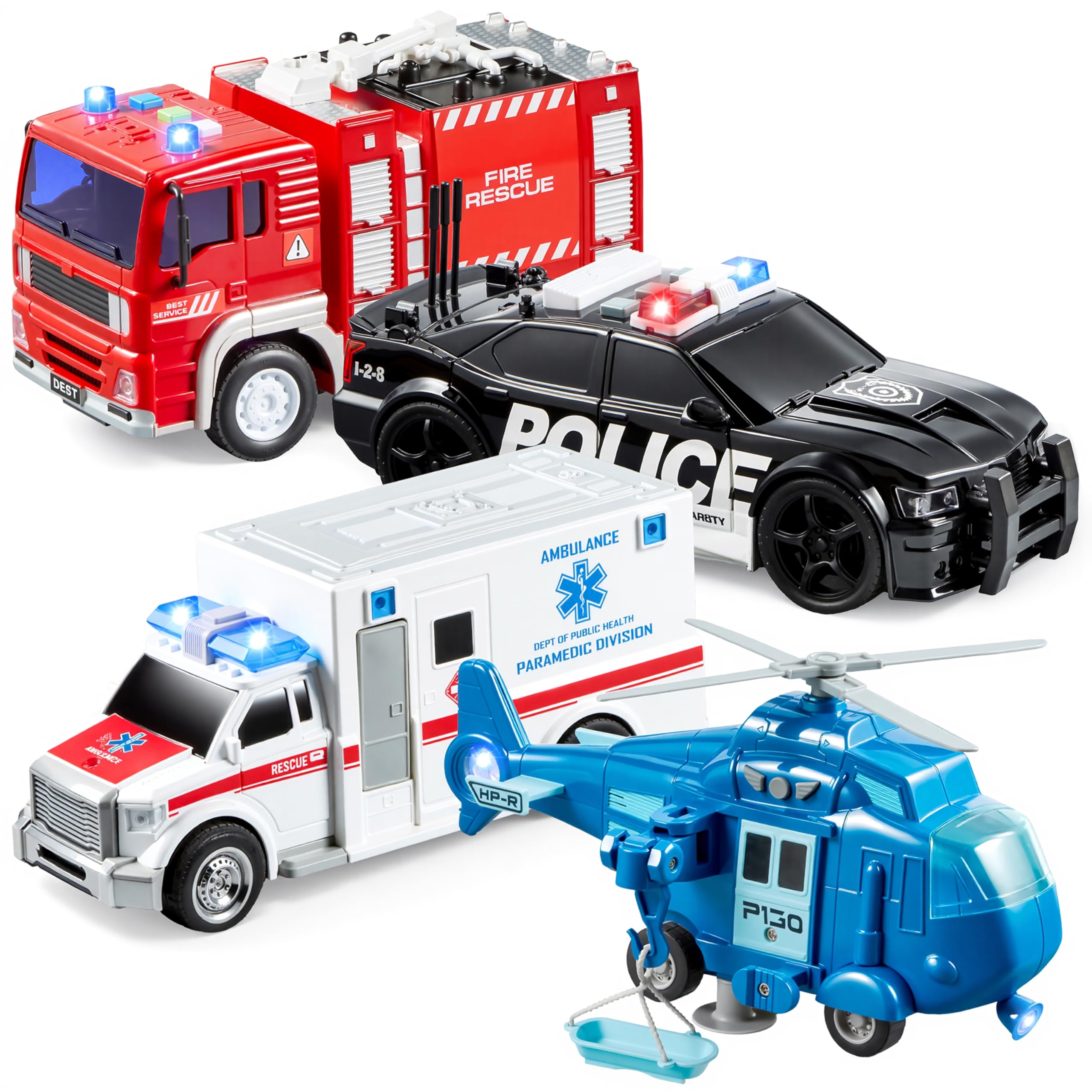 JOYIN 4 Pack Friction Powered City Hero Play Set Including Fire Engine Truck, Ambulance, Police Car and Helicopter Emergency Vehicles with Light and Sound