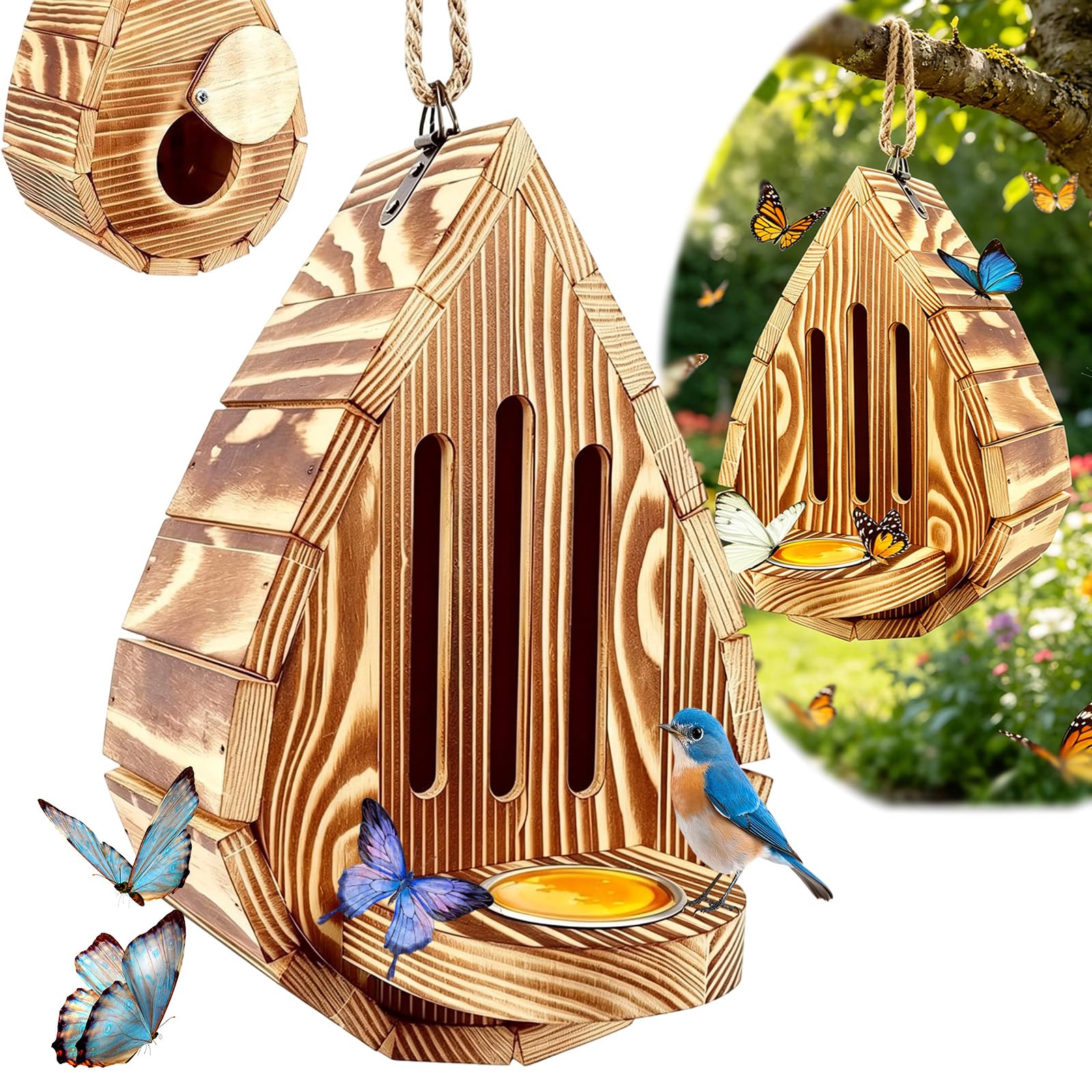 Butterfly House for Garden, Hanging Feeder with Rope, Teardrop-Shaped Wooden Butterfly Houses, Outdoor Weatherproof Butterfly House and Feeder for Backyard Balcony Yard Garden Decor (1PC)