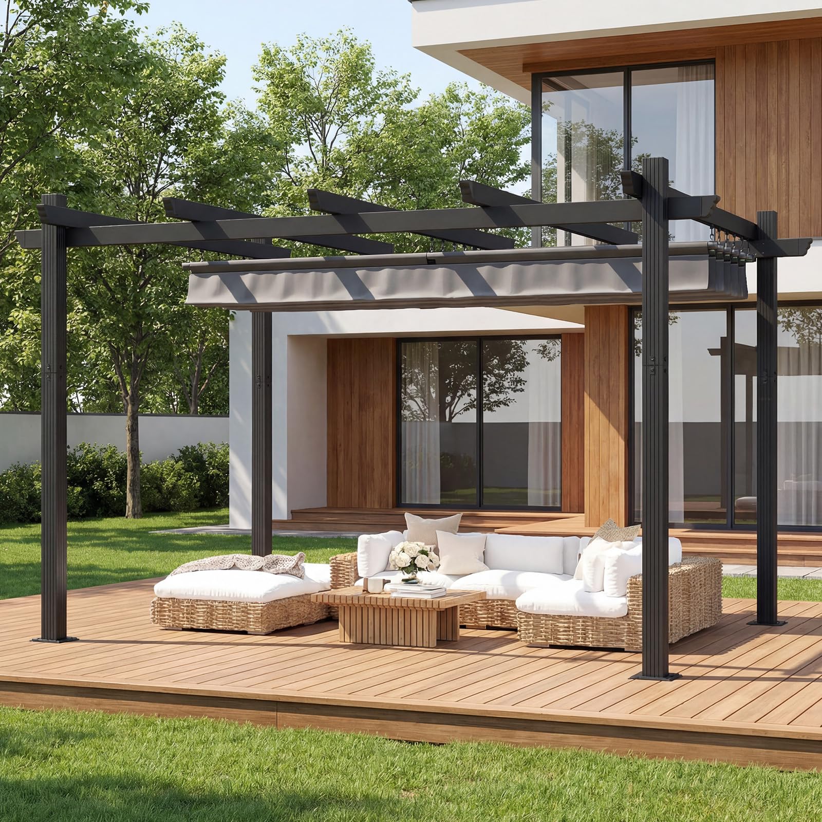 TRIUMPHKEY Pergola Pavillon 3x3m wasserdicht stabil Winterfest, Gartenpavillon Aluminium mit Schiebedach, Sonnenschutz für Garten Terrasse & Balkon, Grau