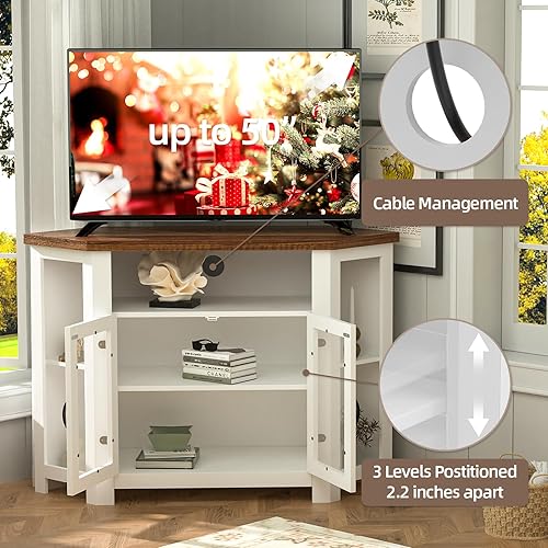 Miniatura 6 de Visionwards Soporte esquinero para TV, armario de TV esquinero blanco de 48 pulgadas con 2 puertas y estantes, mesa pequeña para consola multimedia,