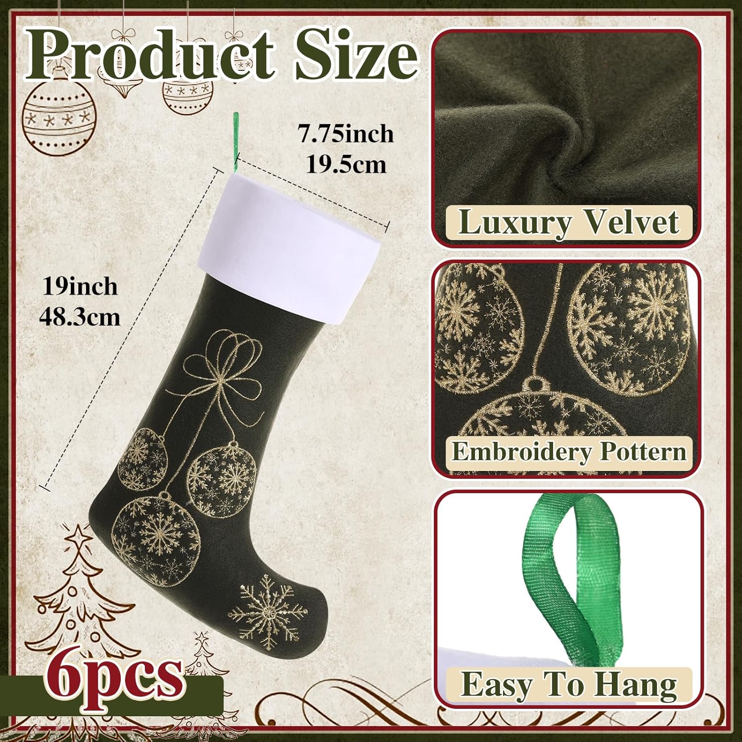 Velvet Christmas Stockings 6 Pack 19 Inch Large Embroidery Luxury Fireplace Hanging Stockings with Hanging Loop Family Ornament Decorations for Xmas Gift(Red, Green, Gold) - Image 4