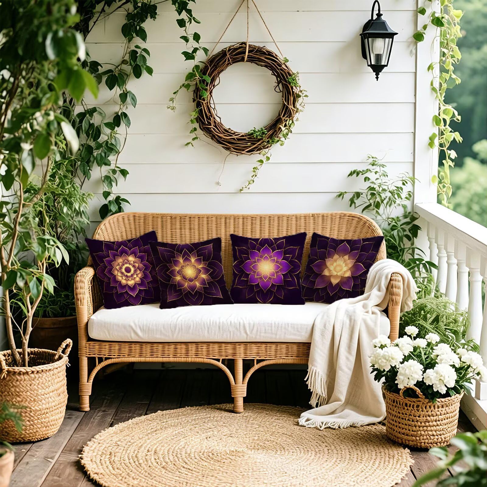 Viola Federe Cuscini Divano 40x40cm, Cuscini da Esterno Set de 4, Cod-41 | Lin Copricuscini Decorativi Letto Arredo, per Letto, Soggiorno, Giardino, Esterno, Casa Decorazione Set di 4 Mandala