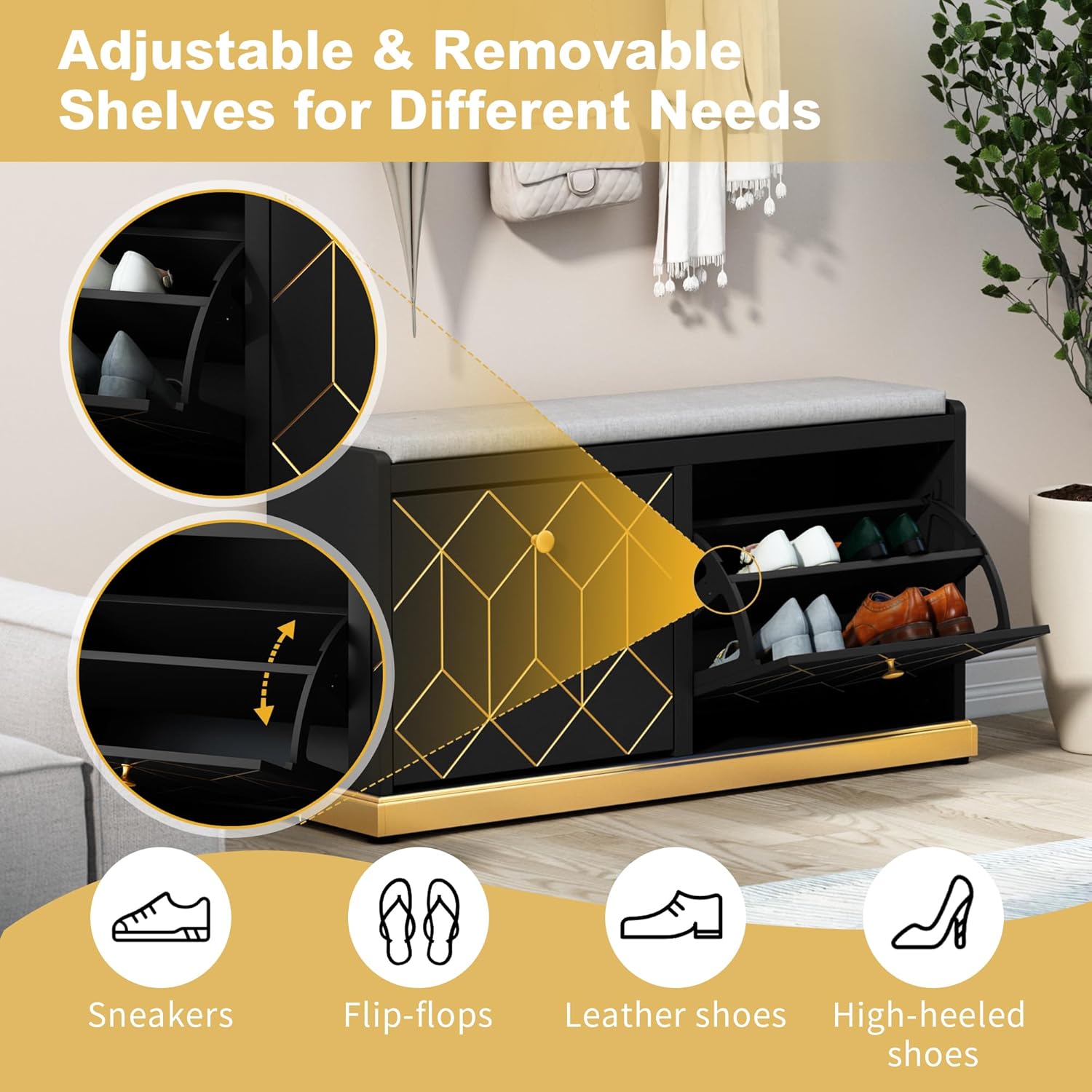 HLR Modern Shoe Bench with Storage, Entryway Bench with 2 Flip Drawer & Padded Cushion Seat, Shoes Storage Bench for Hallway, Closet, Living Room, Black Shoe Storage Cabinet with Bench