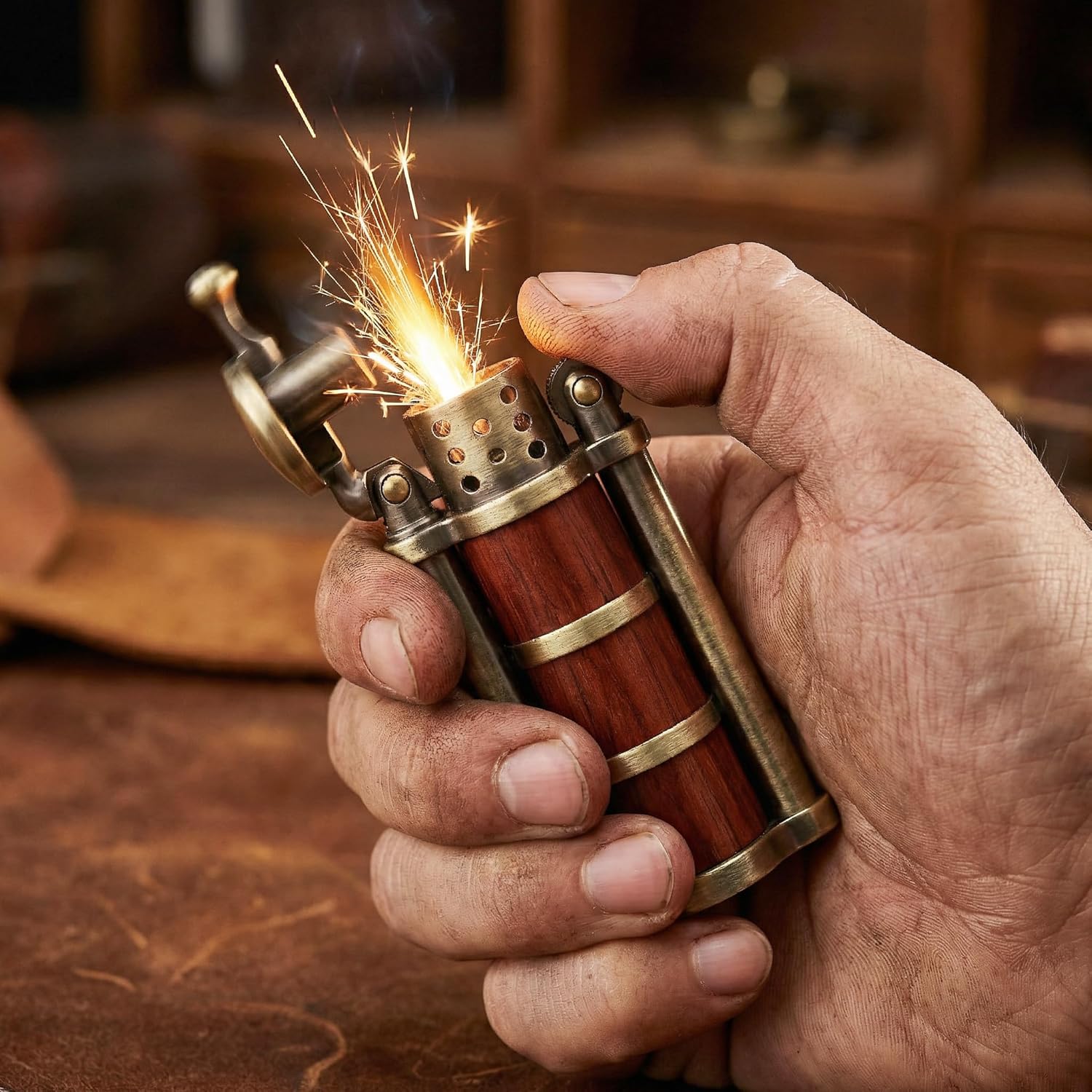 Vintage Flint Wheel Kerosene Lighter with Rosewood Case, Antique Brass Windproof Trench Fire Starter, Refillable Cool Petrol Lighter for Men, Classic Soft Flame Pocket Tool (Bronze)