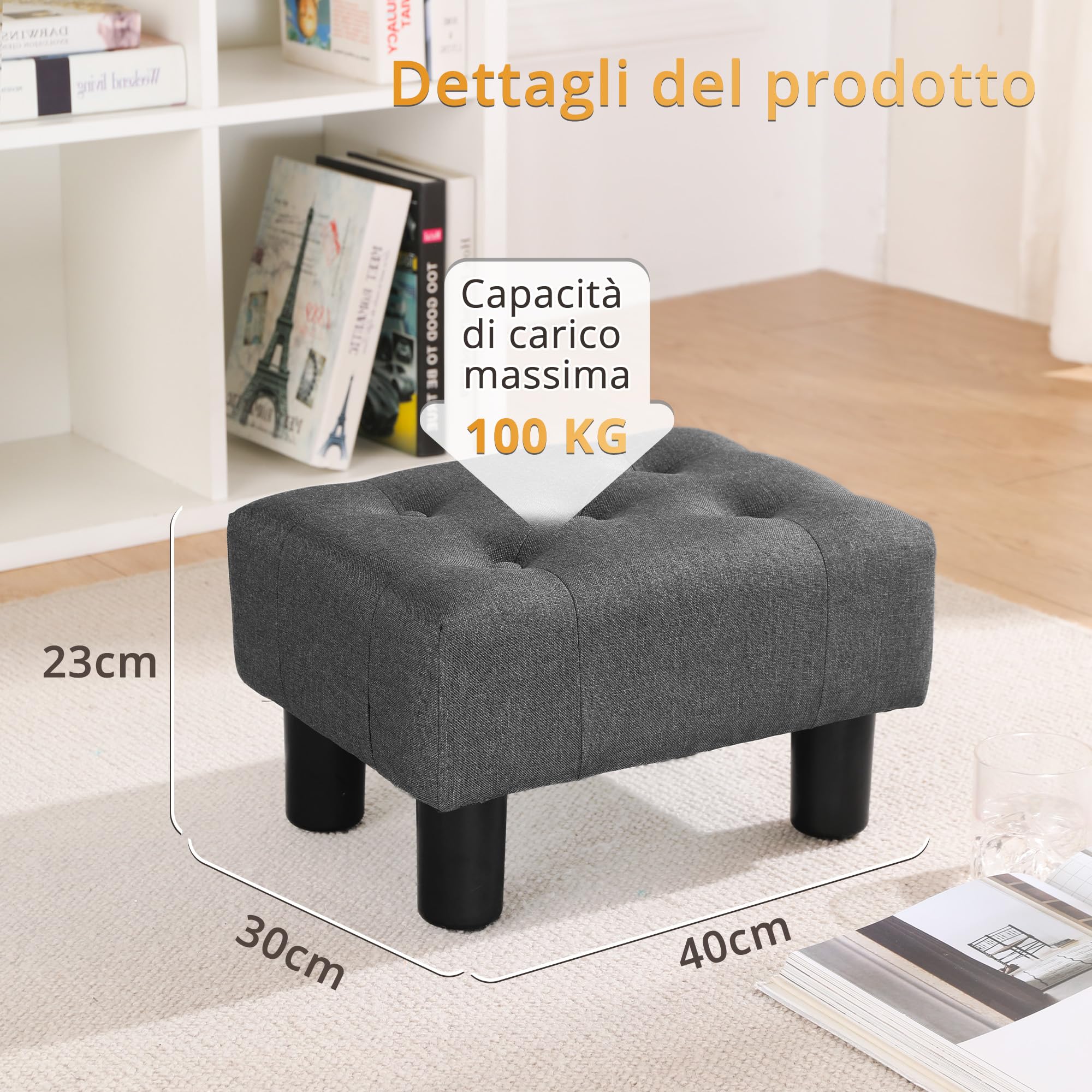 LUE BONA Pouf Poggiapiedi - Poggiapiedi Divano per Soggiorno, Camera da Letto e Dormitorio - Sgabello Basso, Moderno, Lino，Grigio Carbone