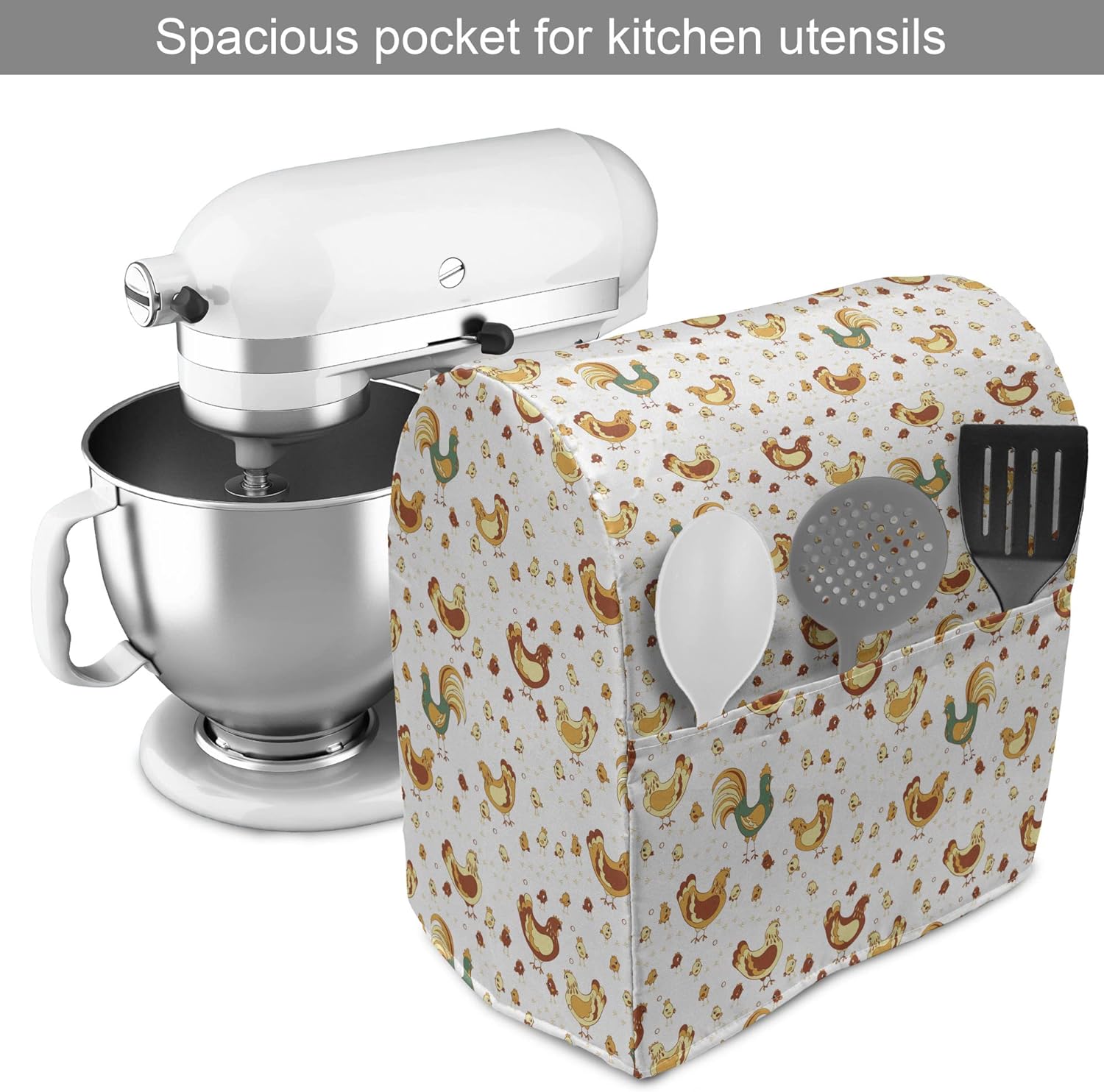 Lunarable Gallus Stand Mixer Cover, Rooster Hen and Chicks Dotted Background Family April Eggs Feast Field, Kitchen Appliance Organizer Bag Cover with a Pocket, 6-8 Quarts, Teal Ginger Dark Orange