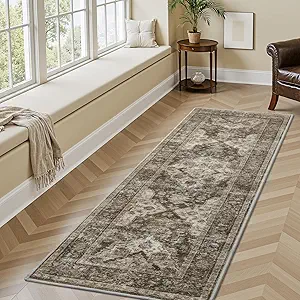 AMOAMI-2X6 Runner Rug-Washable Runners for Hallways-Soft Non Slip Bedside Rugs for Bedroom-Vintage Long Rug for Hallways Entryway Laundry Room Stair Kitchen Bathroom Light Brown/Coffee