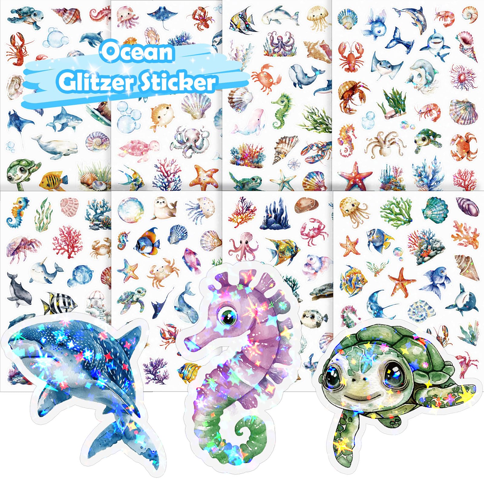 Ocean Glitter Stickers for Children, 8 PCS Cute Ocean Stickers, Holographic Finish, Suitable for Books, School Bags, Tablets, Bicycles, and Drinking Cups