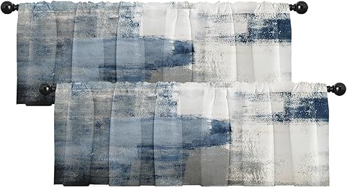 Emvency Paquete de 2 cenefas para ventana, cortinas opacas de arte abstracto azul y gris, cortinas opacas ajustables para ventanas, sala de estar,