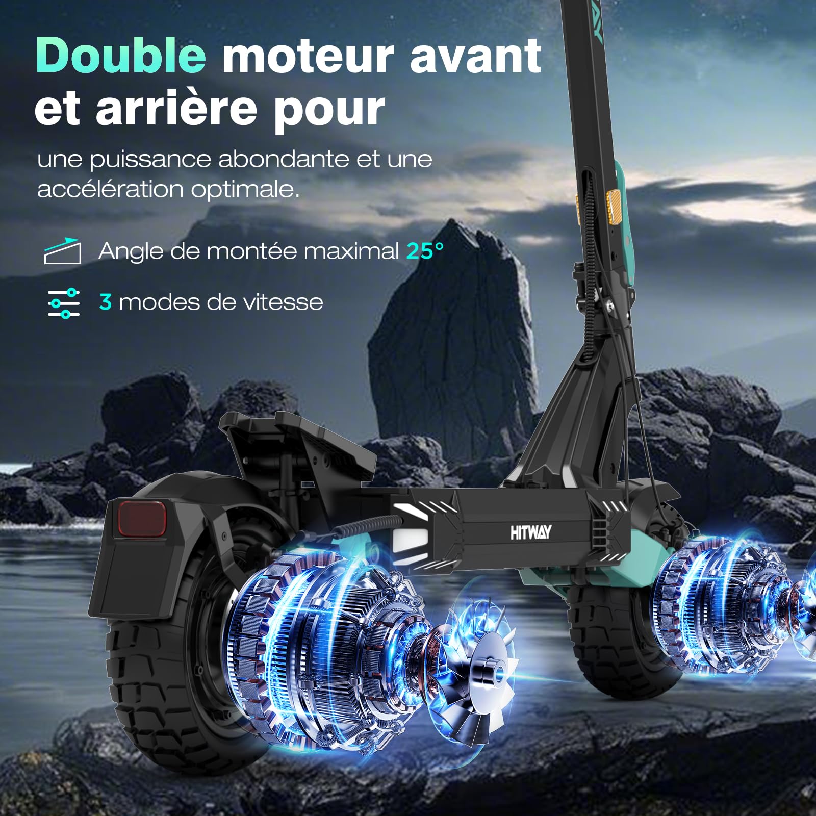 HITWAY H11 Trottinette Électrique Adulte 2 * 1600W - Autonomie 110KM, Batterie 52V 23.4Ah - Scooter Tout-Terrain 10 Pouces Tubeless - Double Suspension, Max 120kg - Pliable - APP et NFC