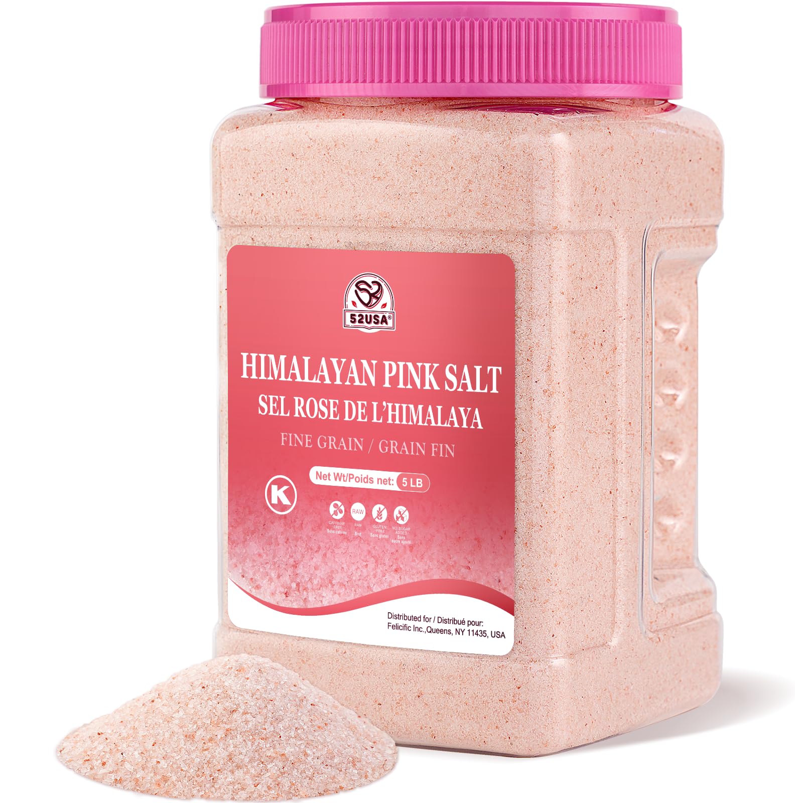 52USA Himalayan Pink Salt Fine, Fine Ground Table and Cooking Salt, 80oz (5 Pound), 100% Real, Pure, Unrefined Himalayan Pink Salt, Pink Himalayan Sea Salt, Kosher Salt