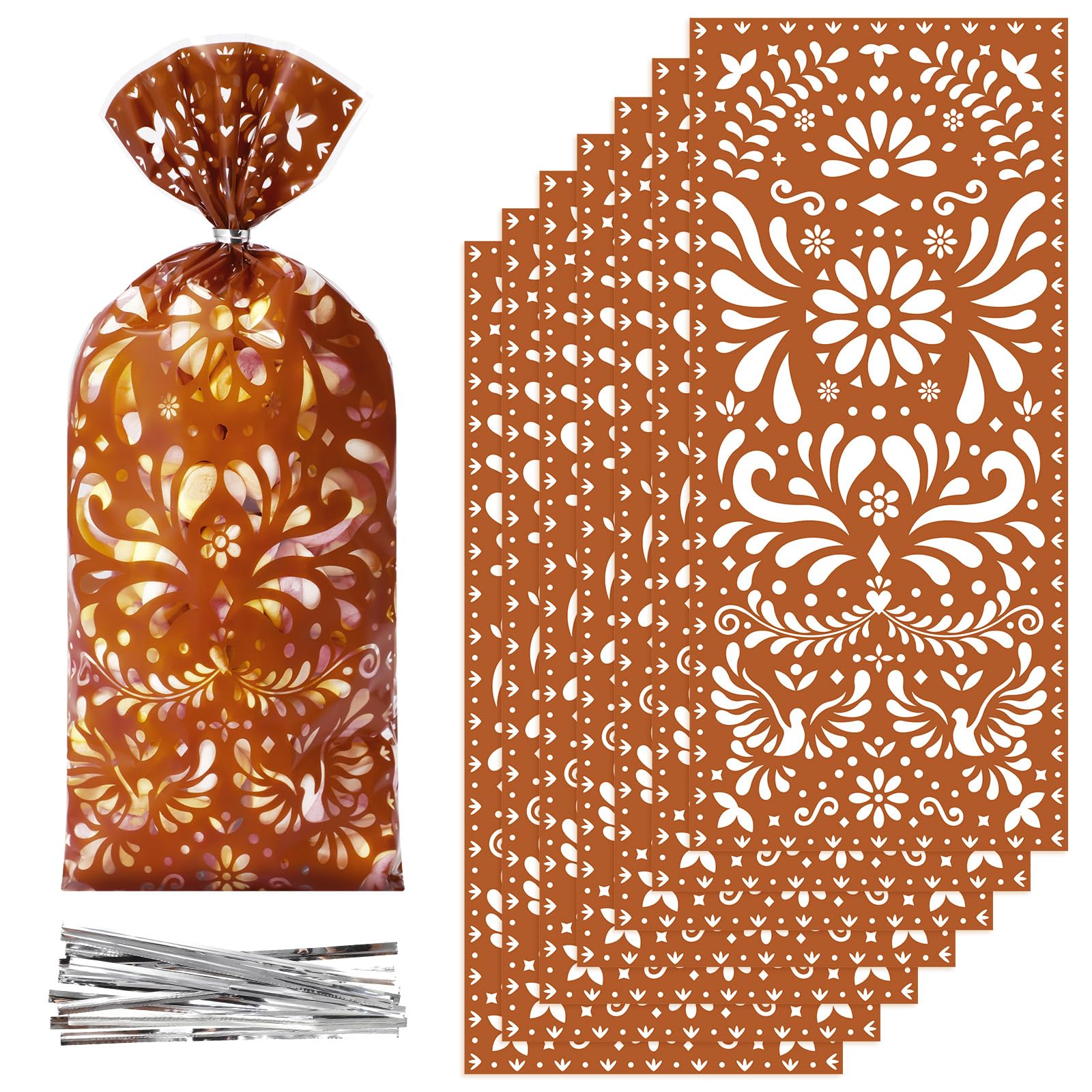 Funrous 100 Pcs Cielito Lindo Candy Bags Mexican Fiesta Gift Bags with Twist Ties Cinco De Mayo Party Favors Barro Candy Sack Talavera Sack for Mexican Wedding Fiesta Party Supplies(Brown)