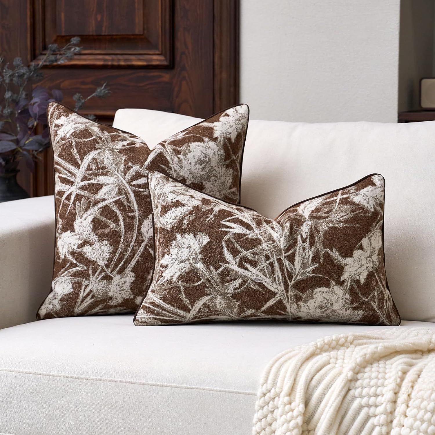 Aeckself Pack of 2 Decorative Chenille Floral Throw Pillow Covers Vintage Couch Pillow Covers 20 x 20 Inch Neutral Farmhouse Cushion Covers Home Decor for Sofa Bed Living Room Caramel Brown