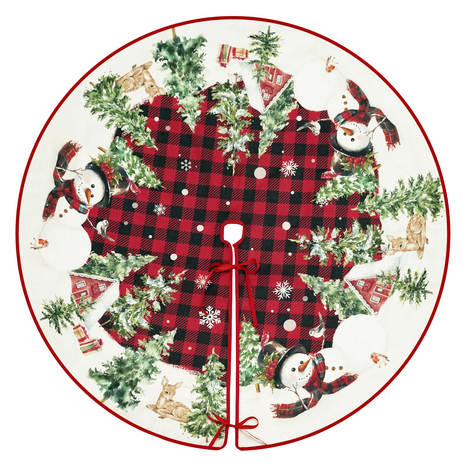 Christmas Tree Skirt 48 Inch Winter Snowman Pine Tree Xmas Tree Mat Decoration Winter Xmas Holiday Red Black Buffalo Plaid Ornaments Home Party Decorations (Red, 48x48 inch)