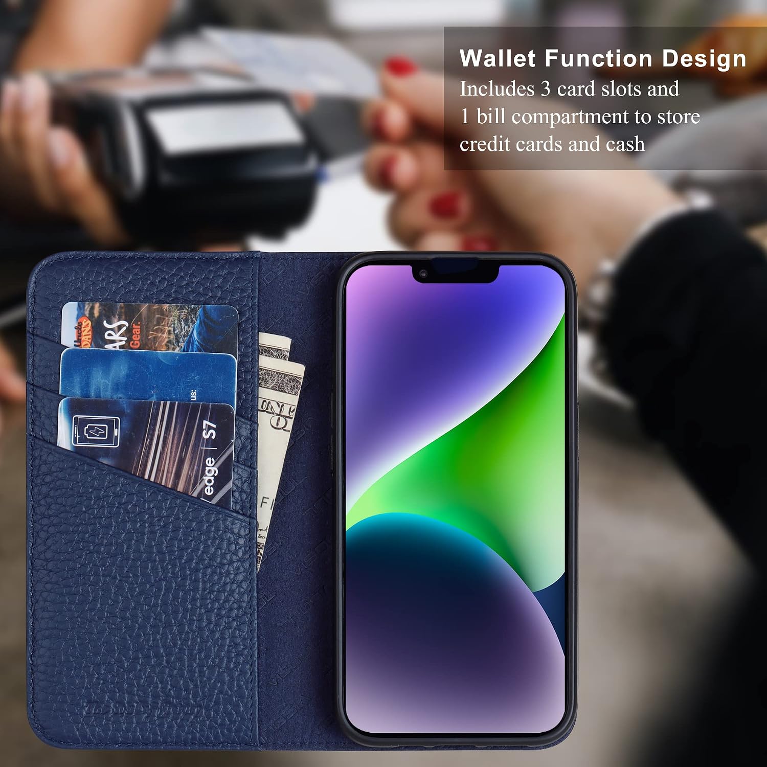 VISOUL Genuine Leather Wallet Case for iPhone 14, Pebbled Leather Magnetic Flip Folio Cover with Card Holder Kickstand Compatibe with iPhone 14 (6.1 inch)-Black+Blue