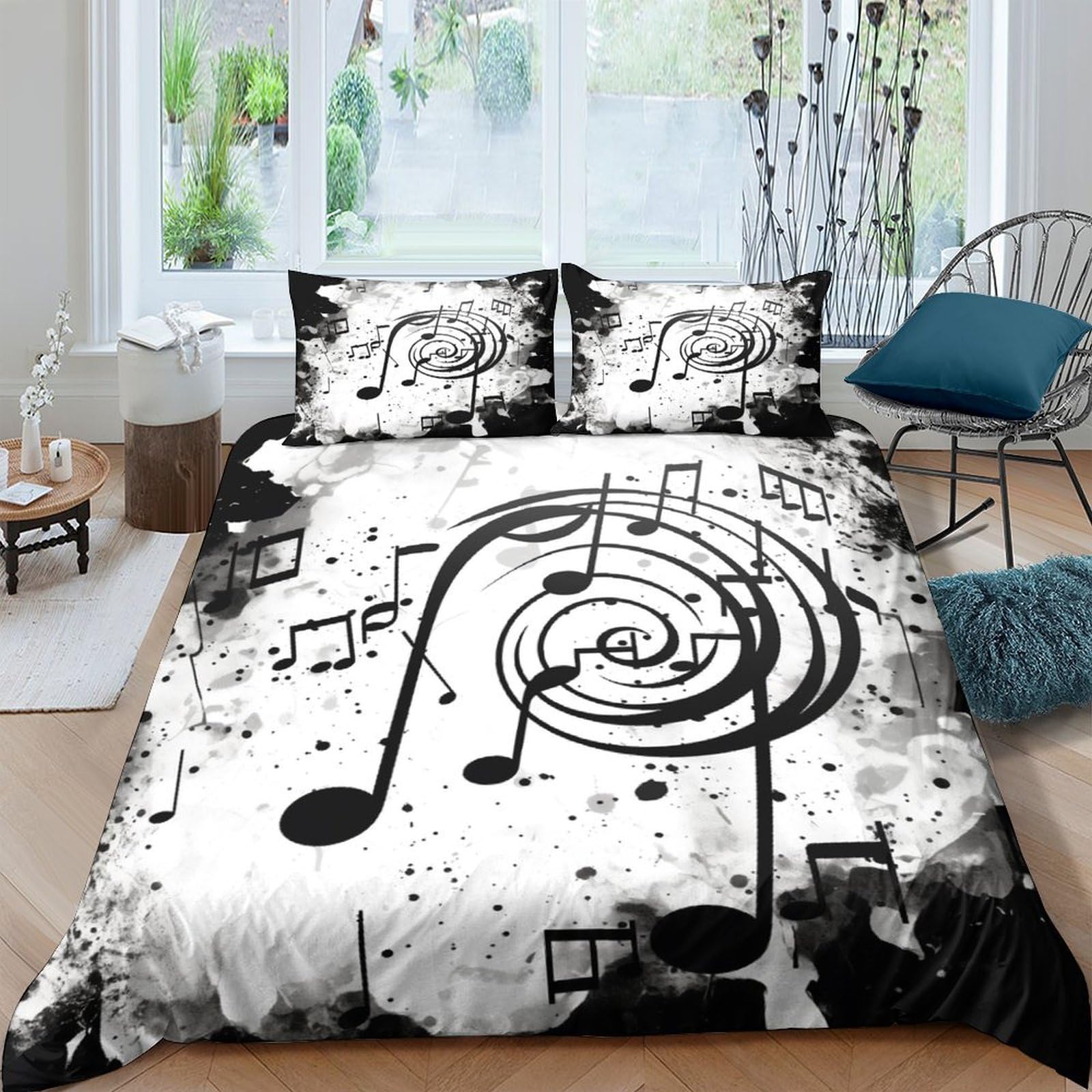 Ctjqhvkz Style-6 3D Printed Music Notes Fitted Sheet Microfiber Black White Swirl Mattress Cover For Bedroom Dorm Mattress Decor Single（135X200cm）