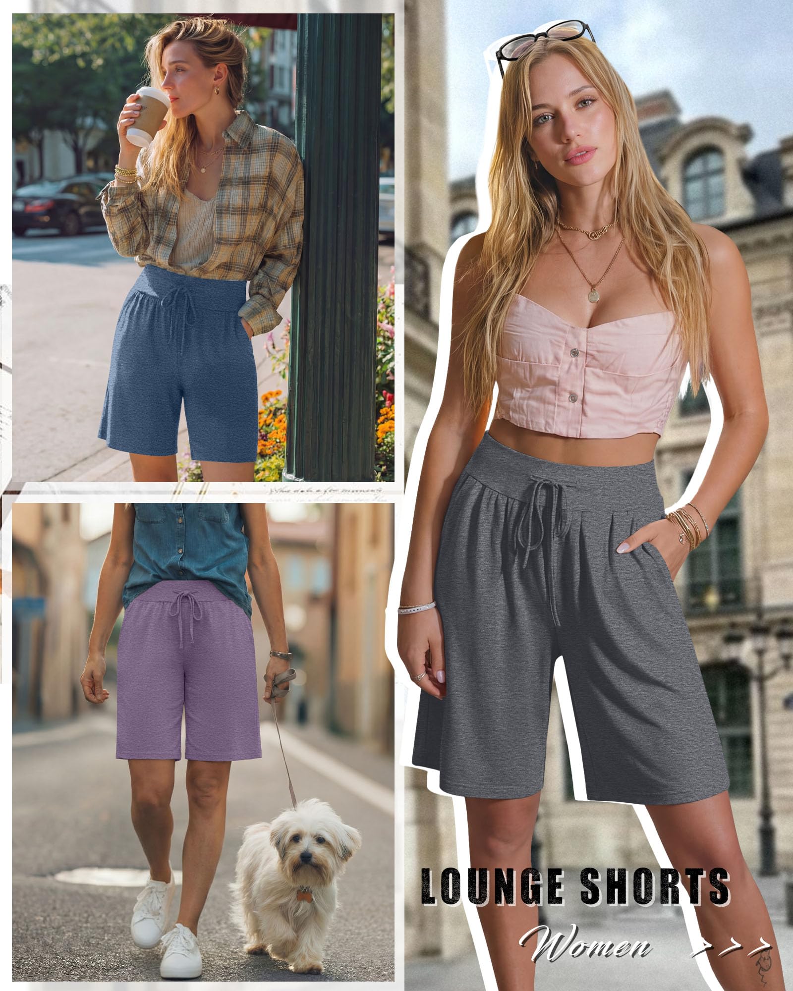 Neer Confezione da 3 Bermuda da Donna a Gamba Larga, Vita Alta, con Coulisse, Pantaloncini Sportivi con Tasca