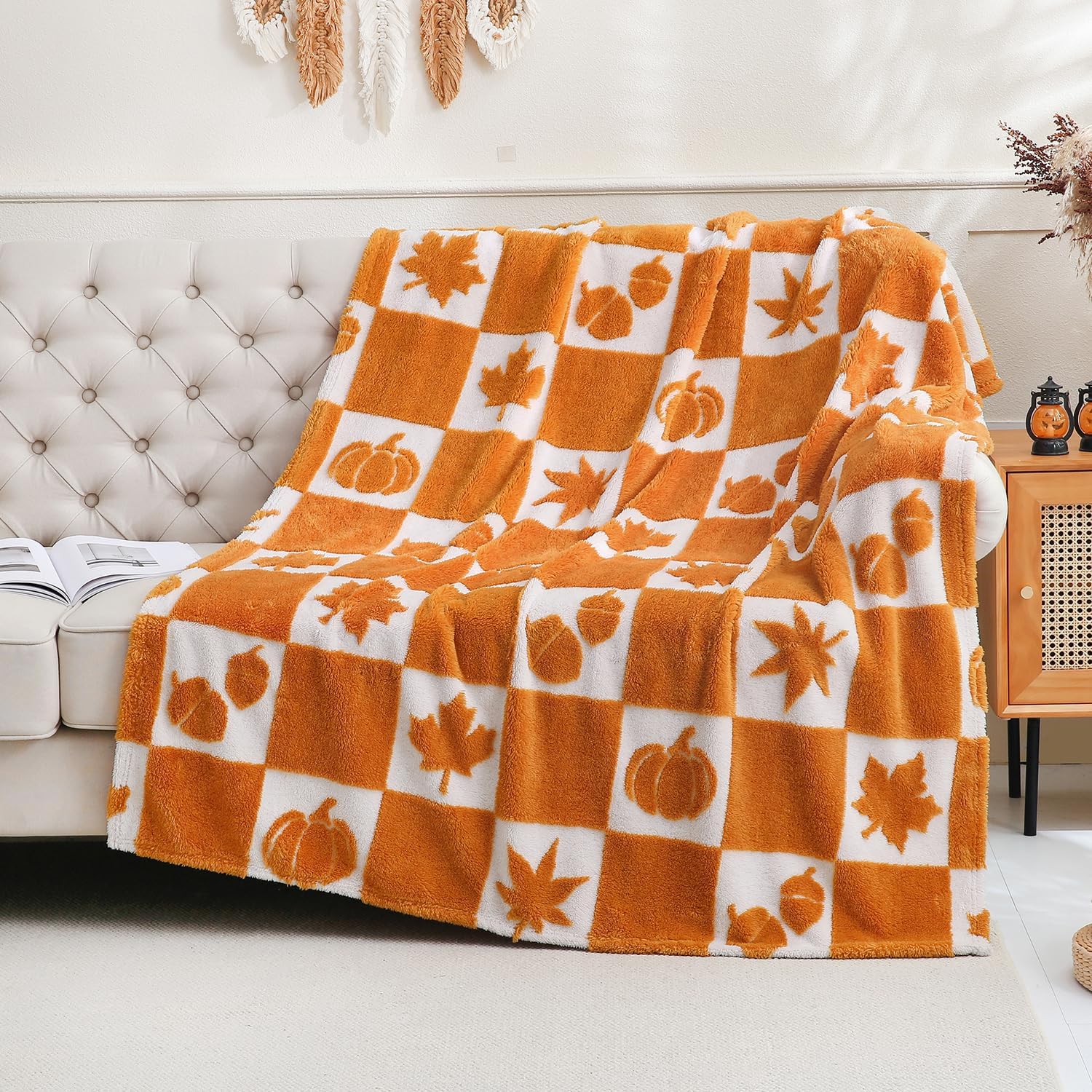 SOCHOW Fall Decor Jacquard Throw Blanket, Fuzzy Soft Warm Pumpkin Maple Leaves Plaid Autumn Checkered Blanket for Couch, Sofa and Bed, 50 x 60 Inches, Orange/White