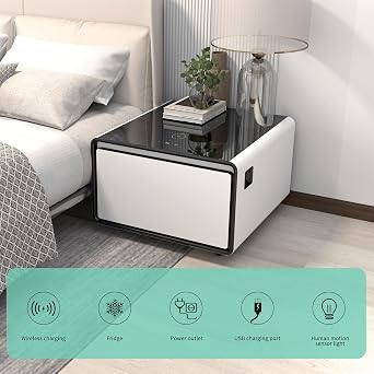 Generic Modern Smart Side Table with Built in Fridge, Wireless Charging, Temperature Control, Power Socket, USB Interface, Outlet Protection, Induction Light, White